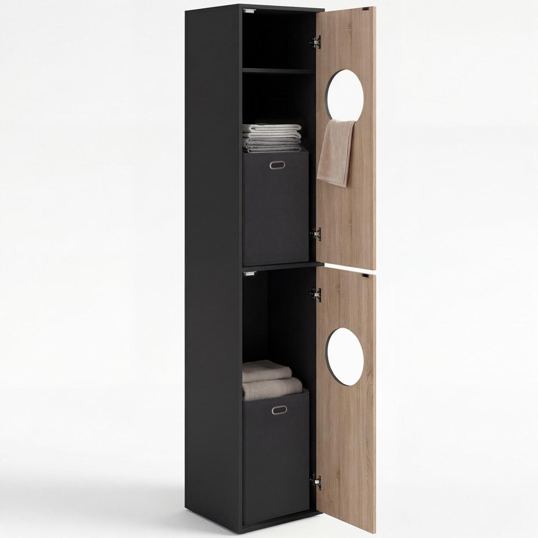 Voir la diapositive 4 : ID MARKET Armoire à linge buanderie, colonne de salle de bain wallis noir et bois façon hêtre