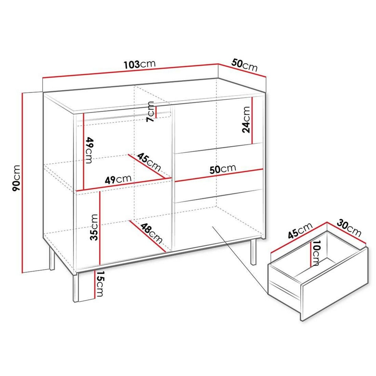 BEST MOBILIER Girona - buffet bas - blanc - 3 tiroirs et 1 porte - 103 cm