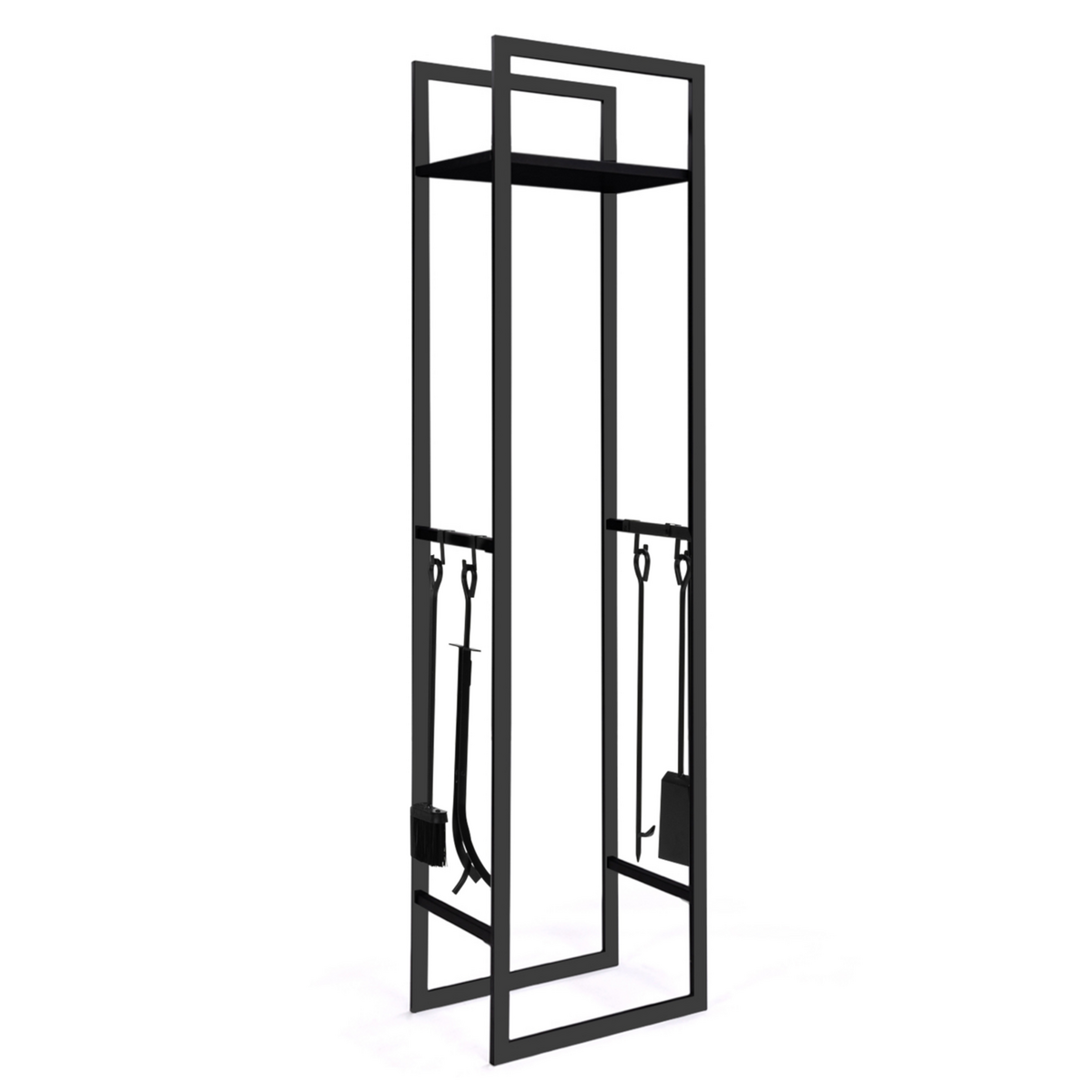 ID MARKET Range bûches vertical acier noir avec étagère et accessoires H. 170 CM pour cheminée