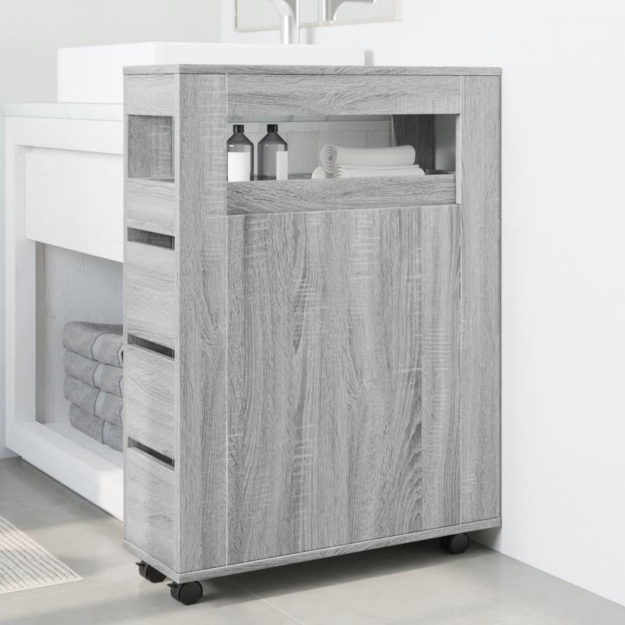 Voir la diapositive 3 : VIDAXL Meuble etroit de salle de bain a roulettes sonoma gris