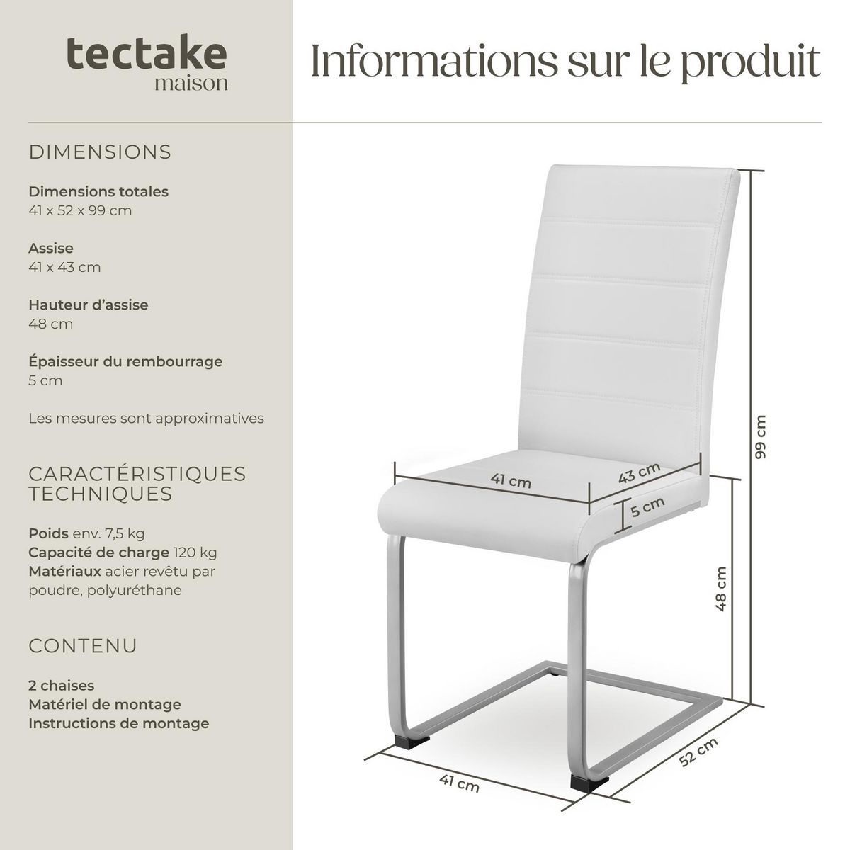 tectake Ensemble de chaises de salle à manger rembourré avec revêtement aspect cuir blanc Lot de 2