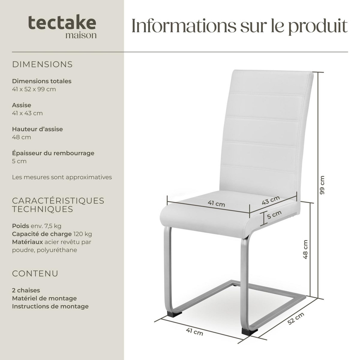 tectake Ensemble de chaises de salle à manger rembourré avec revêtement aspect cuir blanc Lot de 2