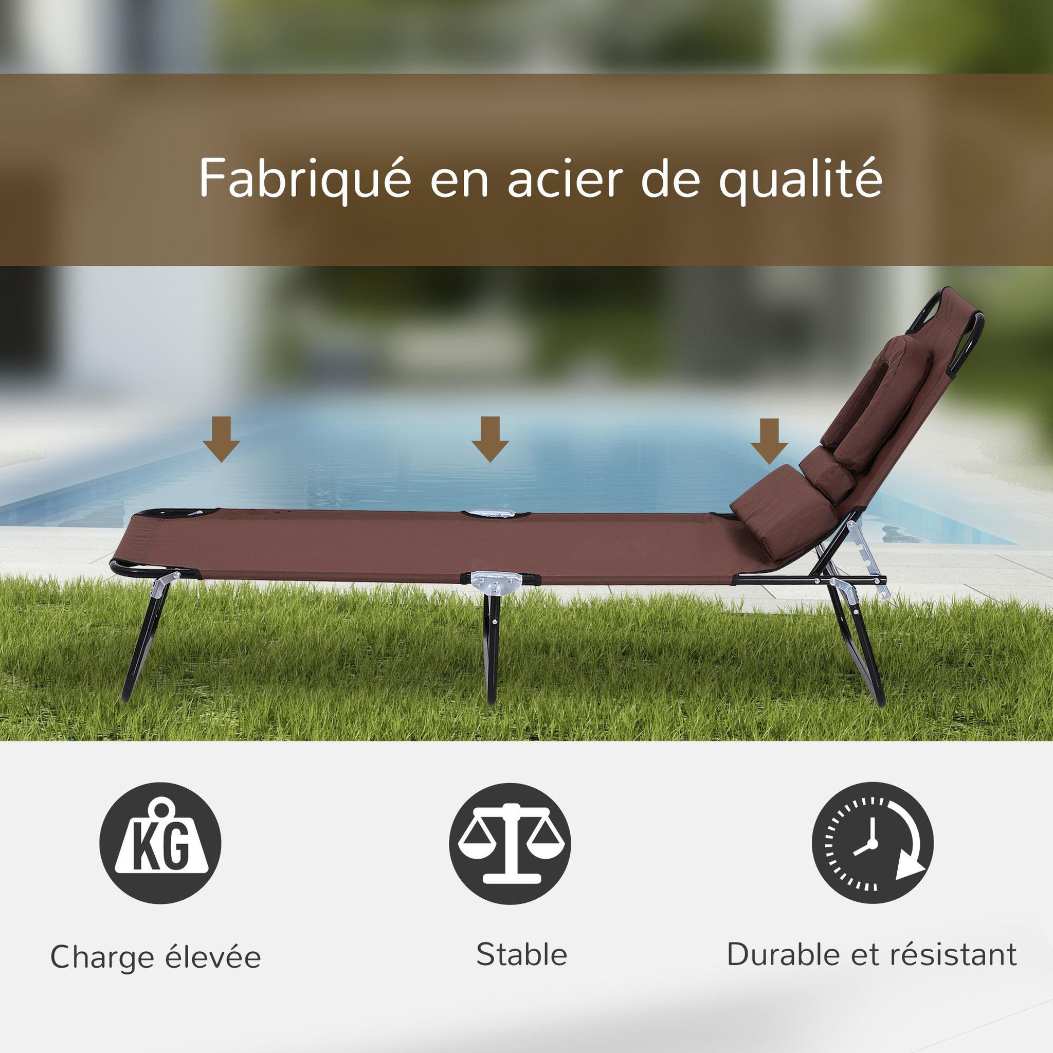 Voir la diapositive 6 : OUTSUNNY Bain de soleil pliable transat inclinable 4 positions chaise longue de lecture 3 coussins fournis marron