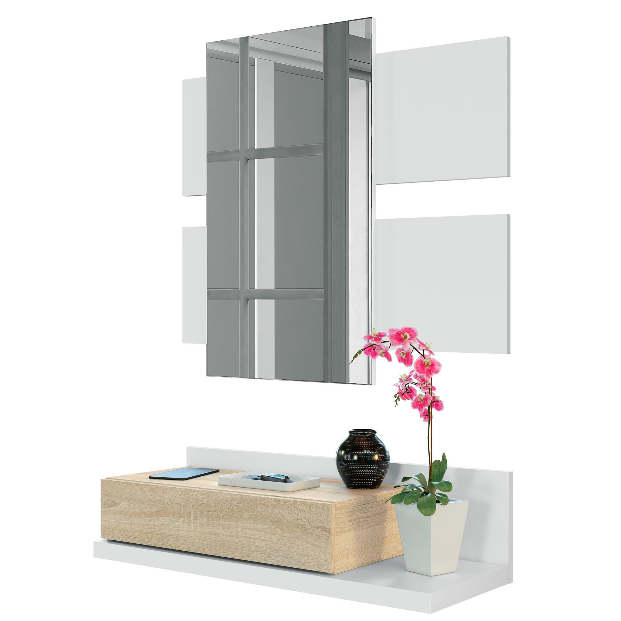VS VENTA-STOCK Meuble d'entrée Telma avec 1 tiroir et Miroir Blanc/Chêne, 75 cm Largeur
