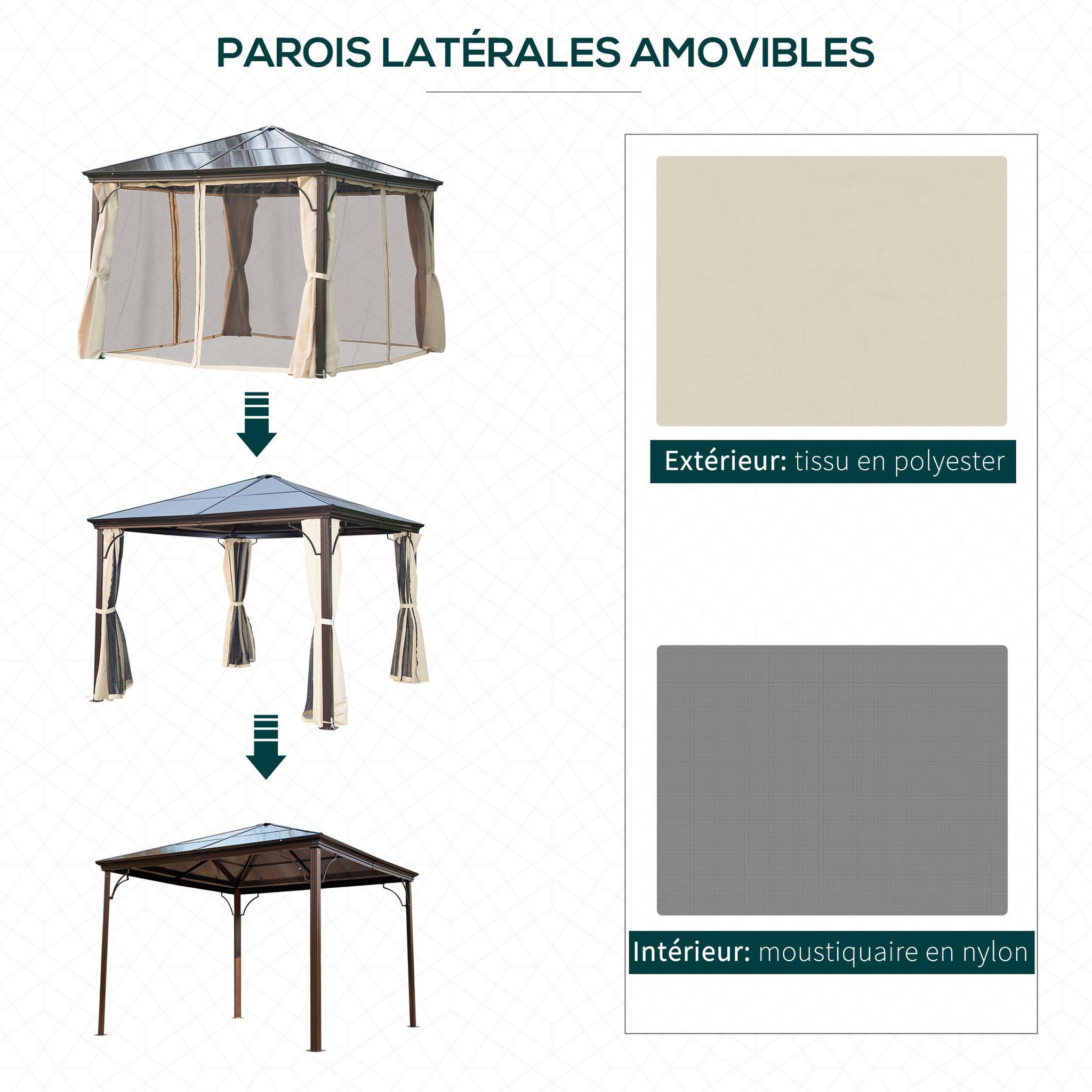 Voir la diapositive 5 : OUTSUNNY Tonnelle pavillon de jardin imperméable 4 parois latérales anti-UV 4 moustiquaires panneaux polycarbonate alu 3L x 3l x 2,6H m chocolat beige
