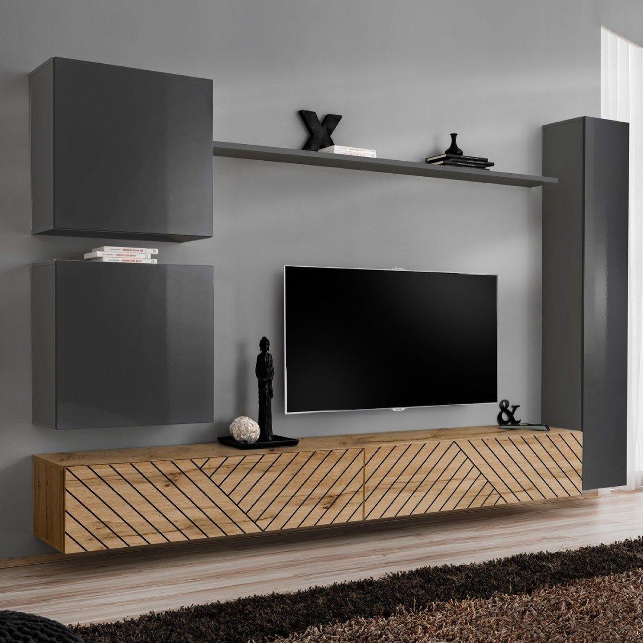 Voir la diapositive 1 : Paris Prix Ensemble meuble tv  switch lamel viii  280cm naturel & gris