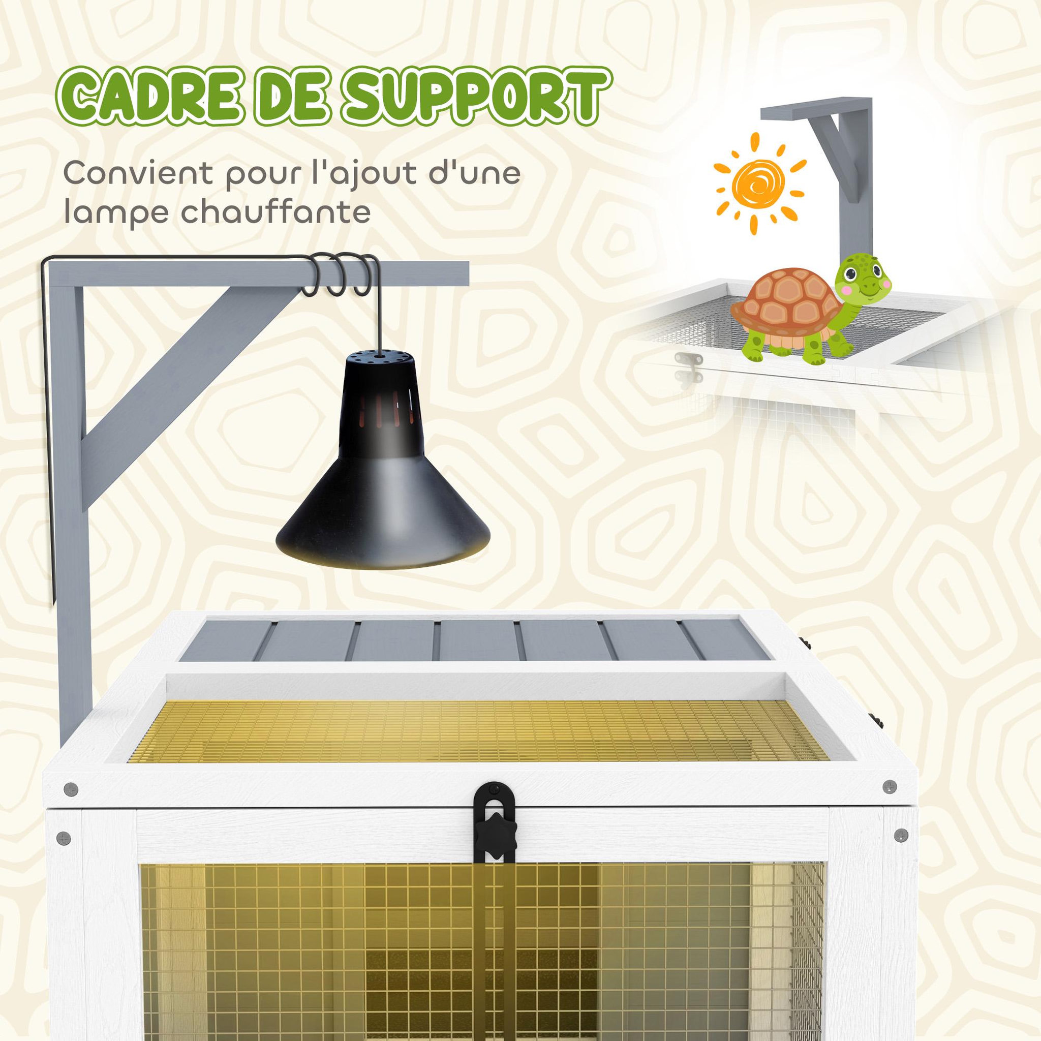 Voir la diapositive 6 : PAWHUT Enclos tortue - maison tortue terrestre exterieur - support de lampe, 2 plateaux coulissants - dim. 81L x 48l x 31H cm - bois gris clair