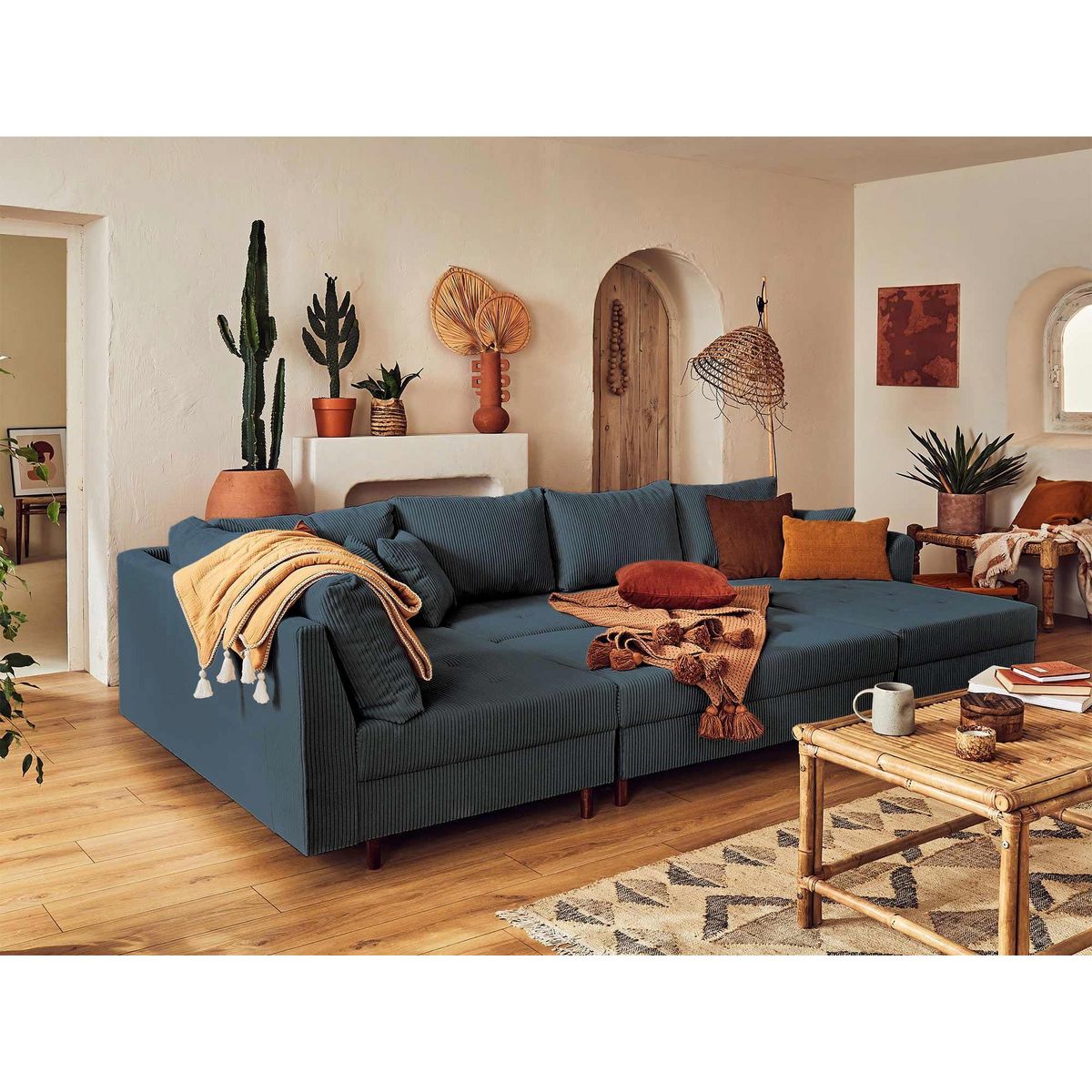 LISA DESIGN Rune - canapé panoramique d'angle gauche - 7 places - avec pouf d'appoint - en velours côtelé