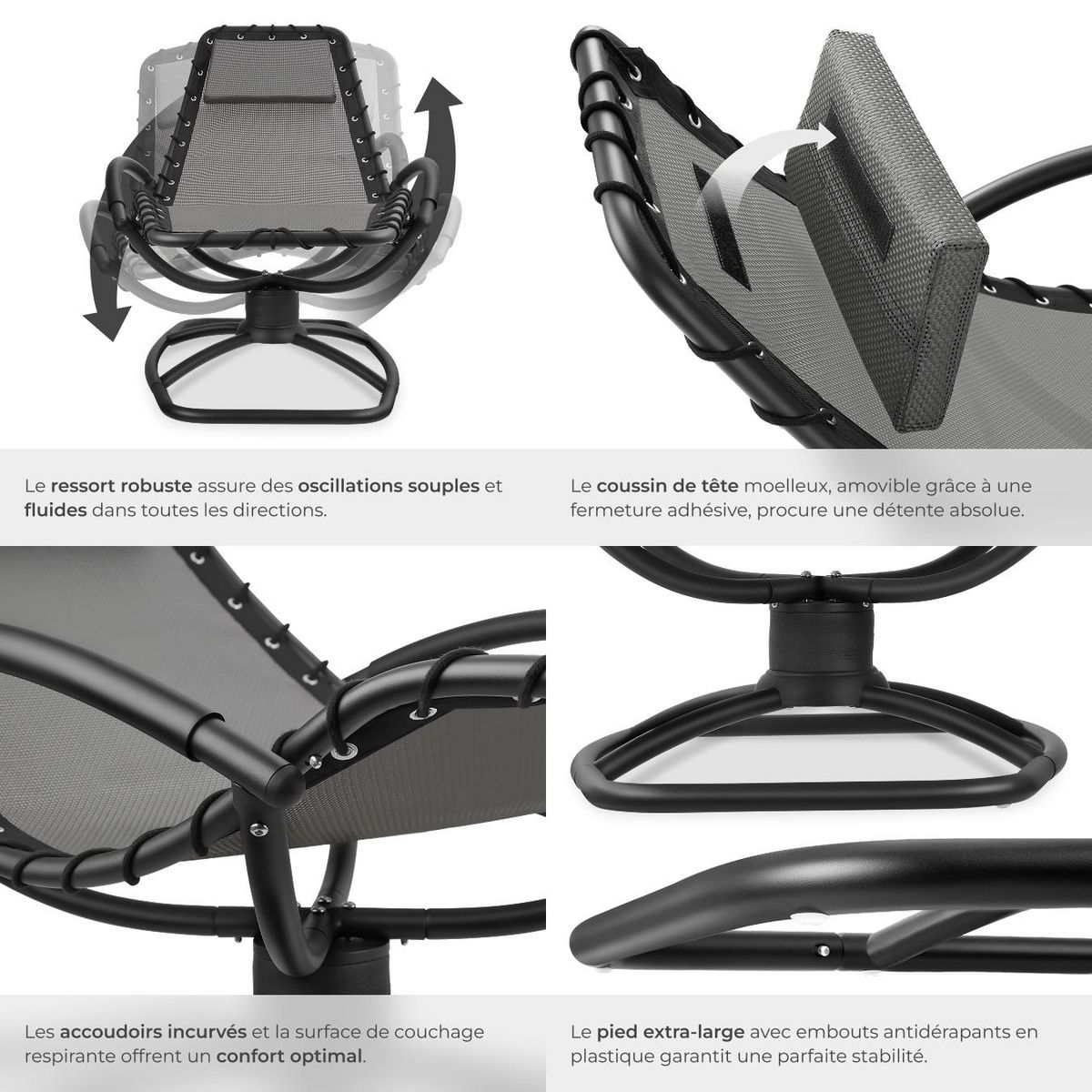 tectake Chaise longue de jardin ergonomique avec mouvement de balancement confortable gris
