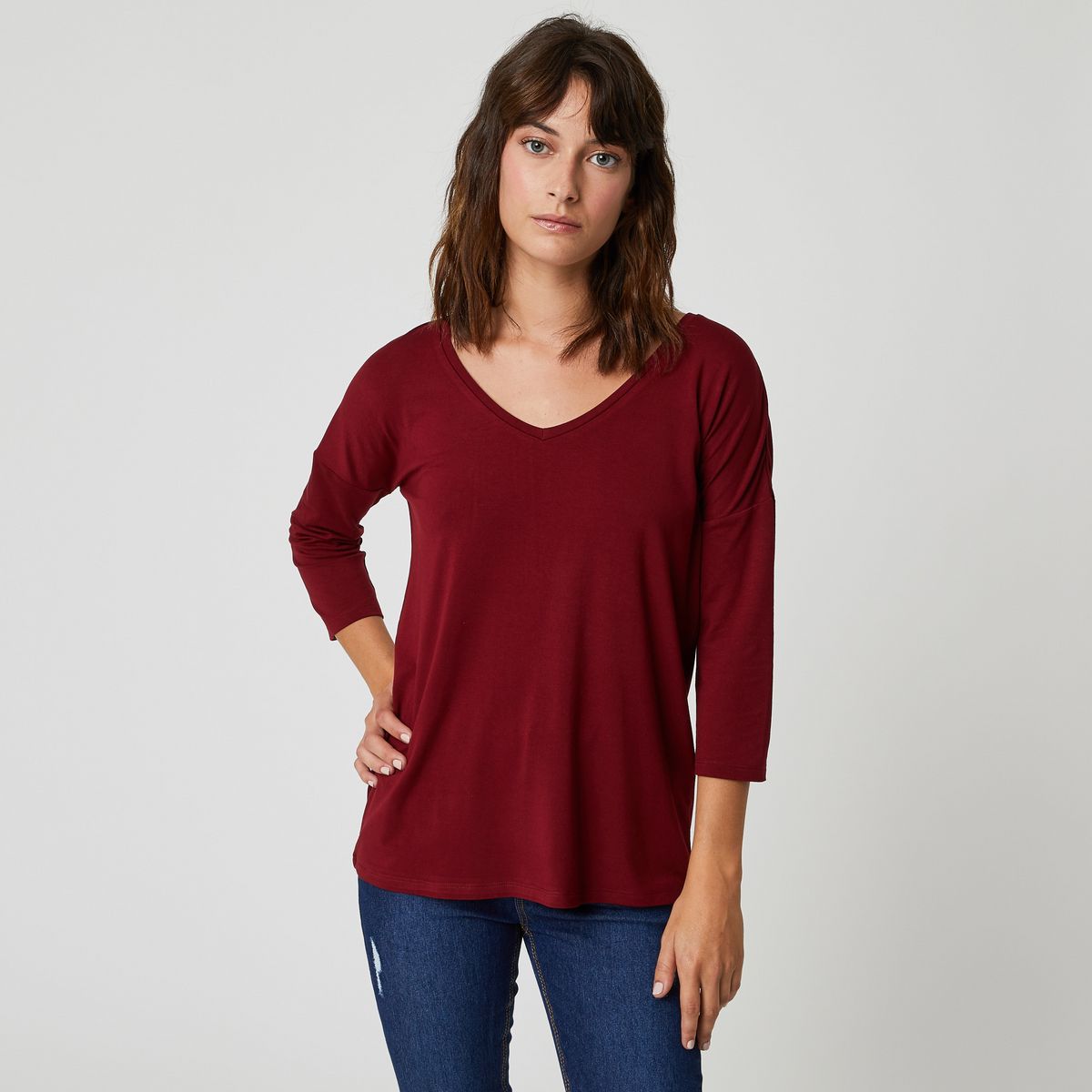 IN EXTENSO T-shirt manches longues col v rouge bordeaux femme