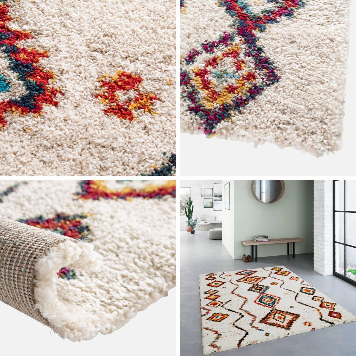 SWEEEK Tapis intérieur shaggy, style berbère, poils longs, crème et multicolore
