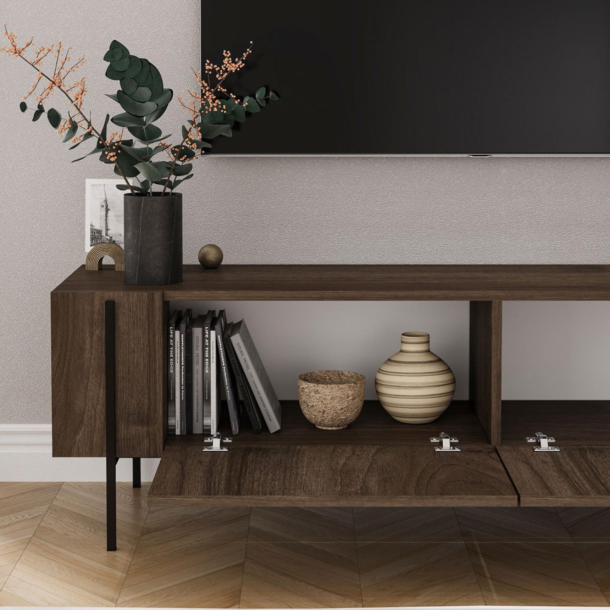 Voir la diapositive 6 : CONCEPT USINE Meuble tv avec placards aspect noyer 160cm freno