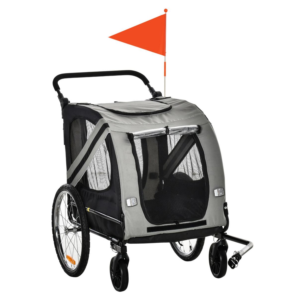 PAWHUT Remorque vélo jogger 2 en 1 pour animaux drapeau roue avant pivotante réflecteurs gris noir