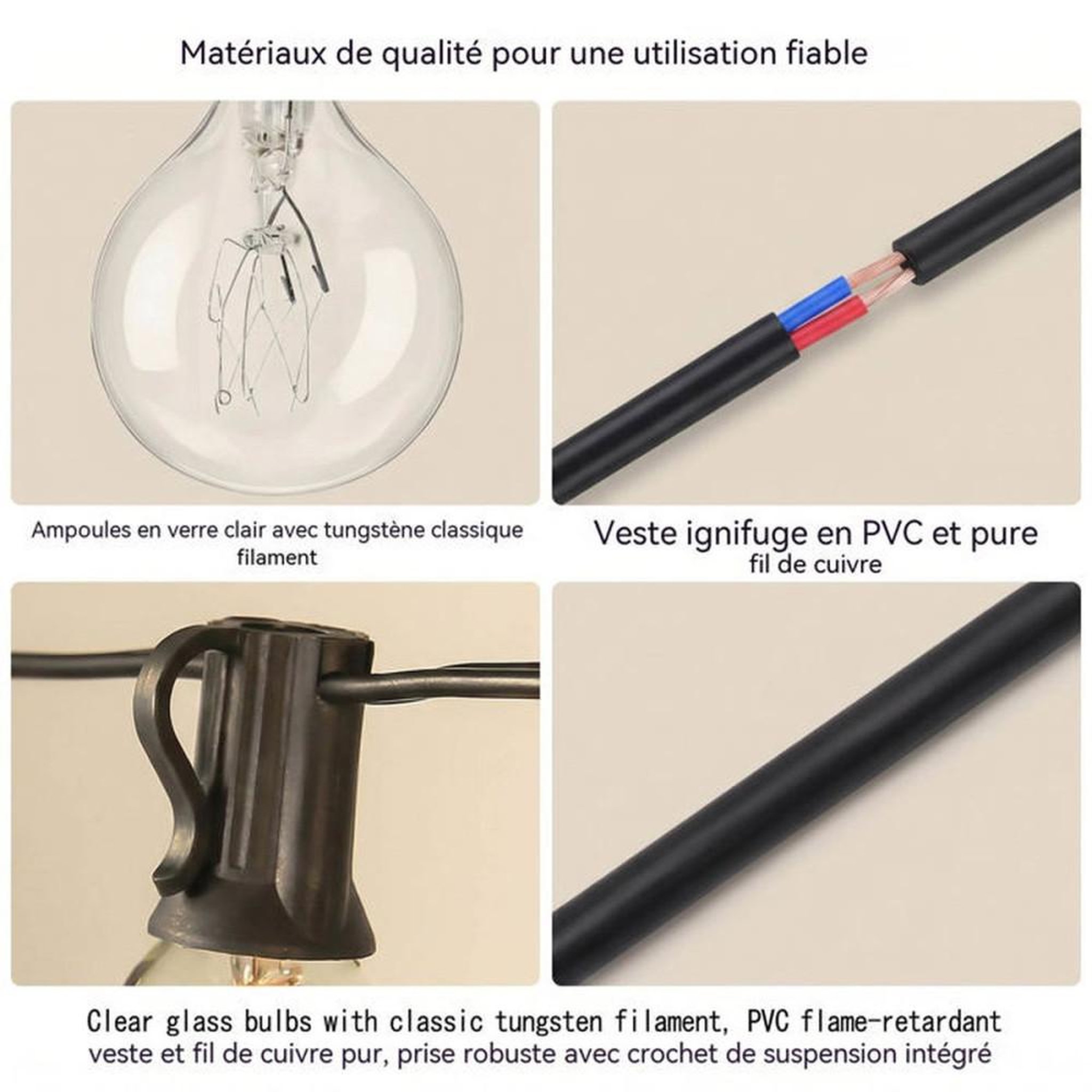 Voir la diapositive 4 : NO BRAND Guirlande lumineuse extérieure 30 m 50 ampoules G40 blanc chaud + 4 de rechange IP44 abat-jour verre