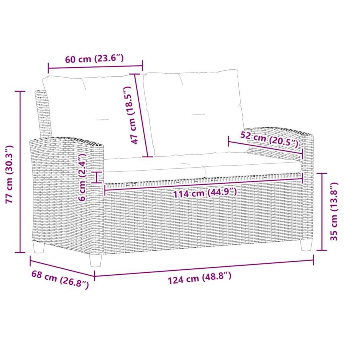 VIDAXL Canape 2 places de jardin et coussins Gris 124cm Resine tressee