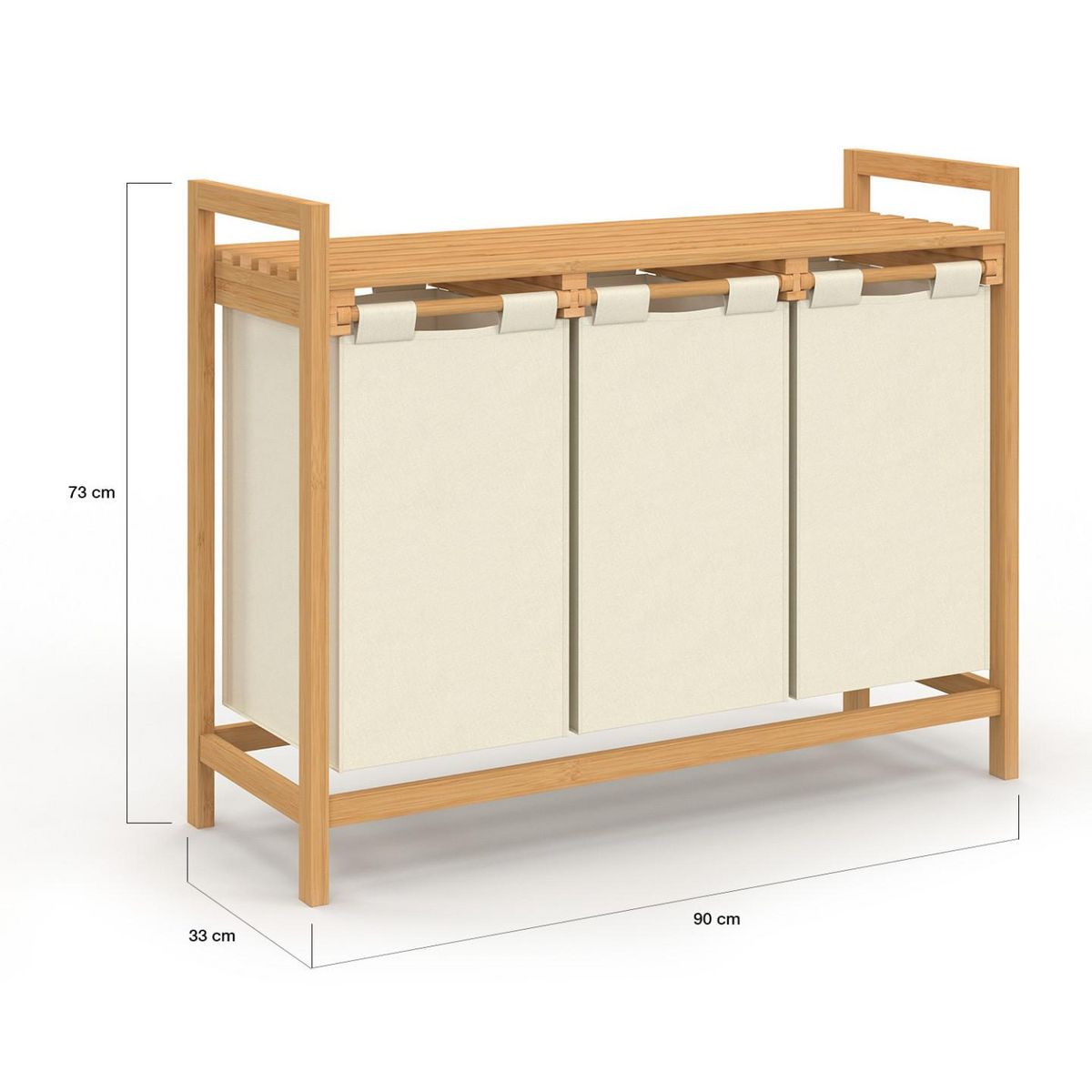 ID MARKET Panier à linge 3 bacs bambou BEA tissu écru