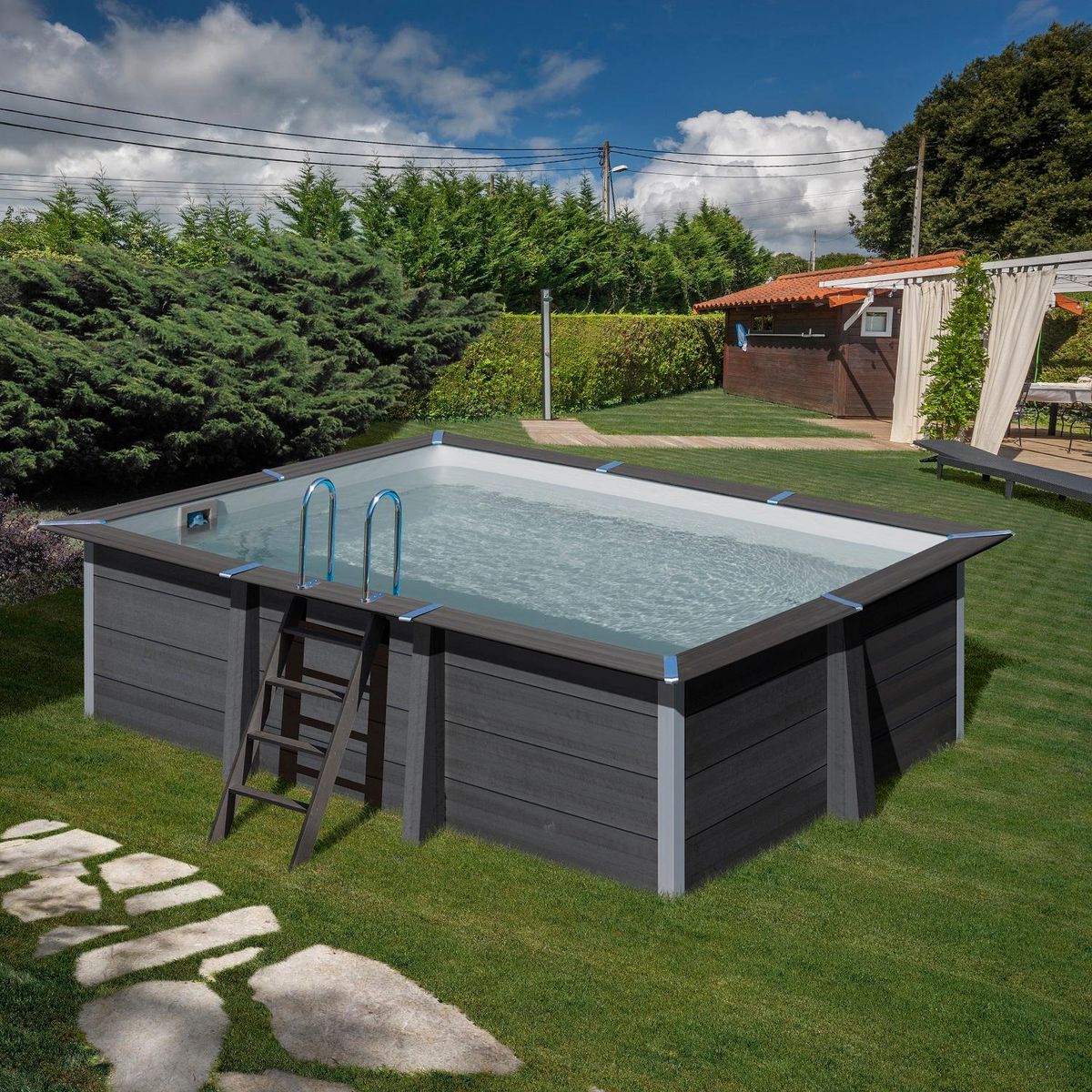 GRE Piscine hors sol rectangulaire en composite - Grise - 4,66 x 3,26 x H 1,24 m 