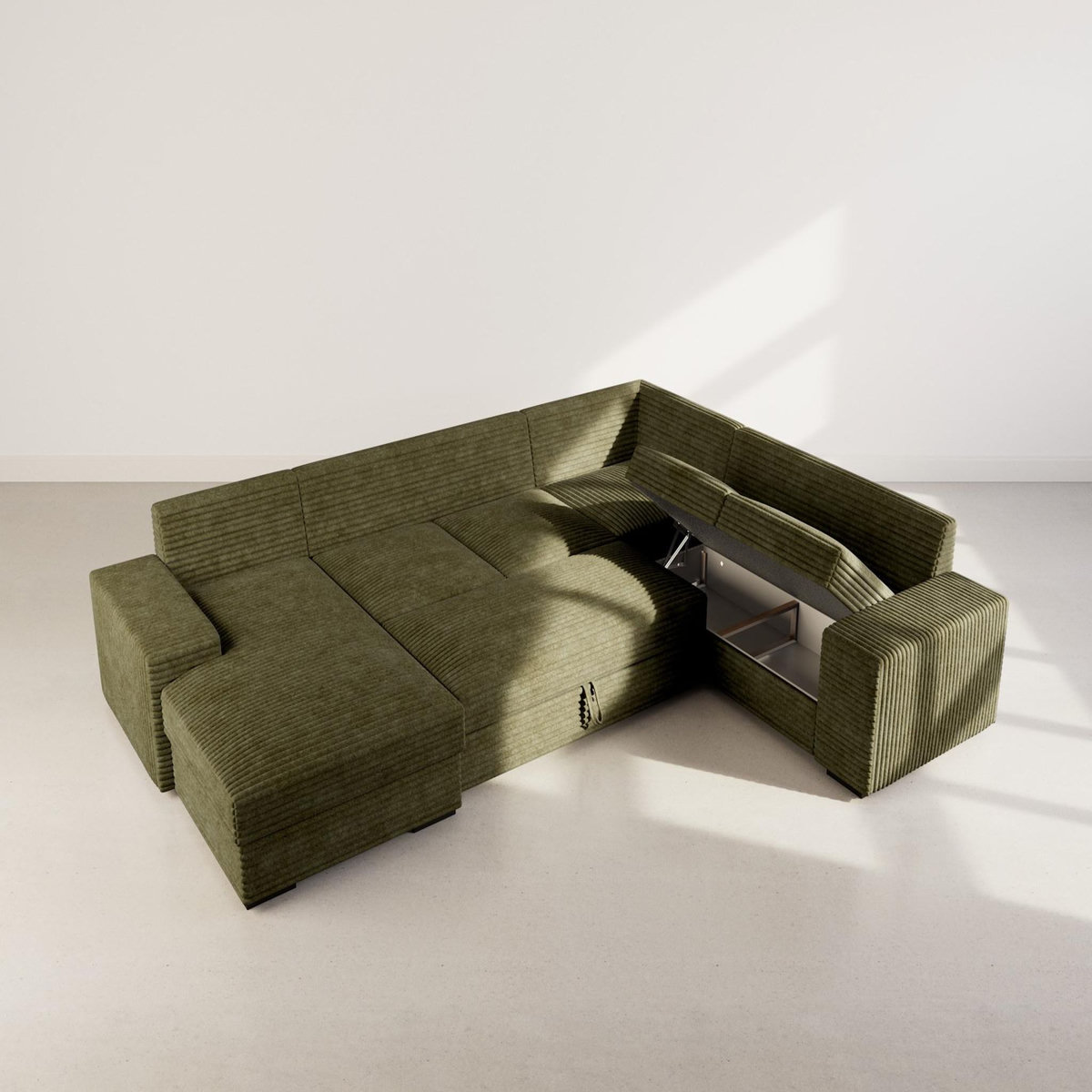 BEST MOBILIER Lorie - canapé panoramique d'angle droit 7 places convertible en velours côtelé grosse côte avec coffre