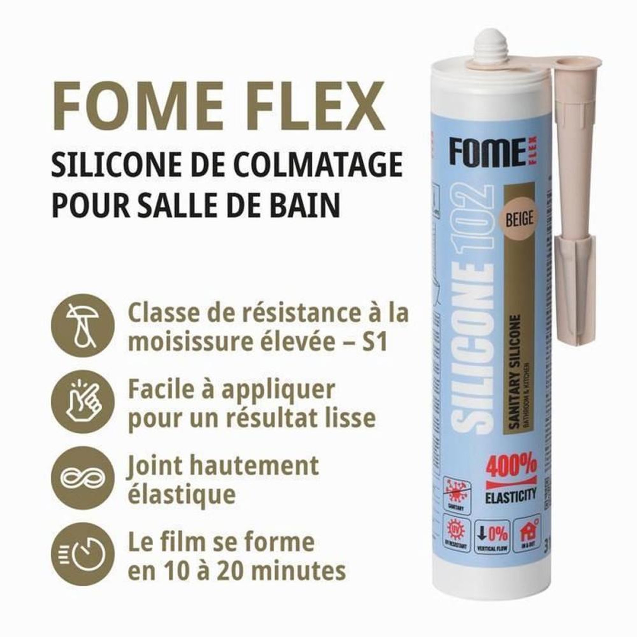 Voir la diapositive 2 : Mastic silicone sanitaire acétique FOME FLEX 102 beige 300 mL anti-moisissure pour joints cuisine et salle de bain