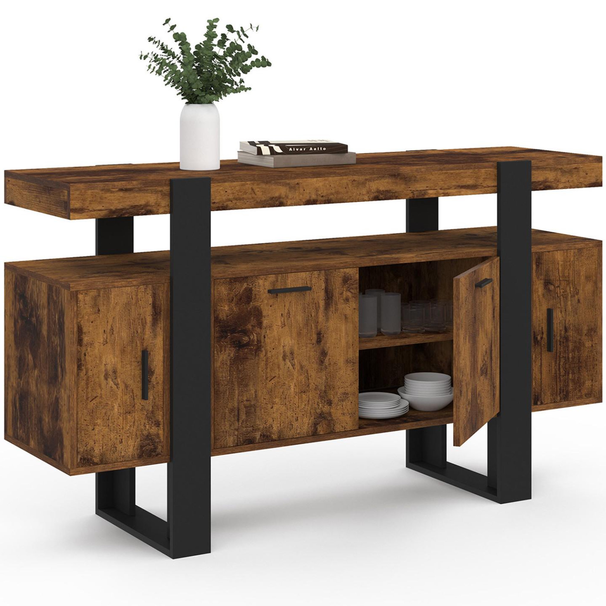 Voir la diapositive 4 : ID MARKET Buffet 140 cm phoenix 4 portes bois effet vieilli et noir