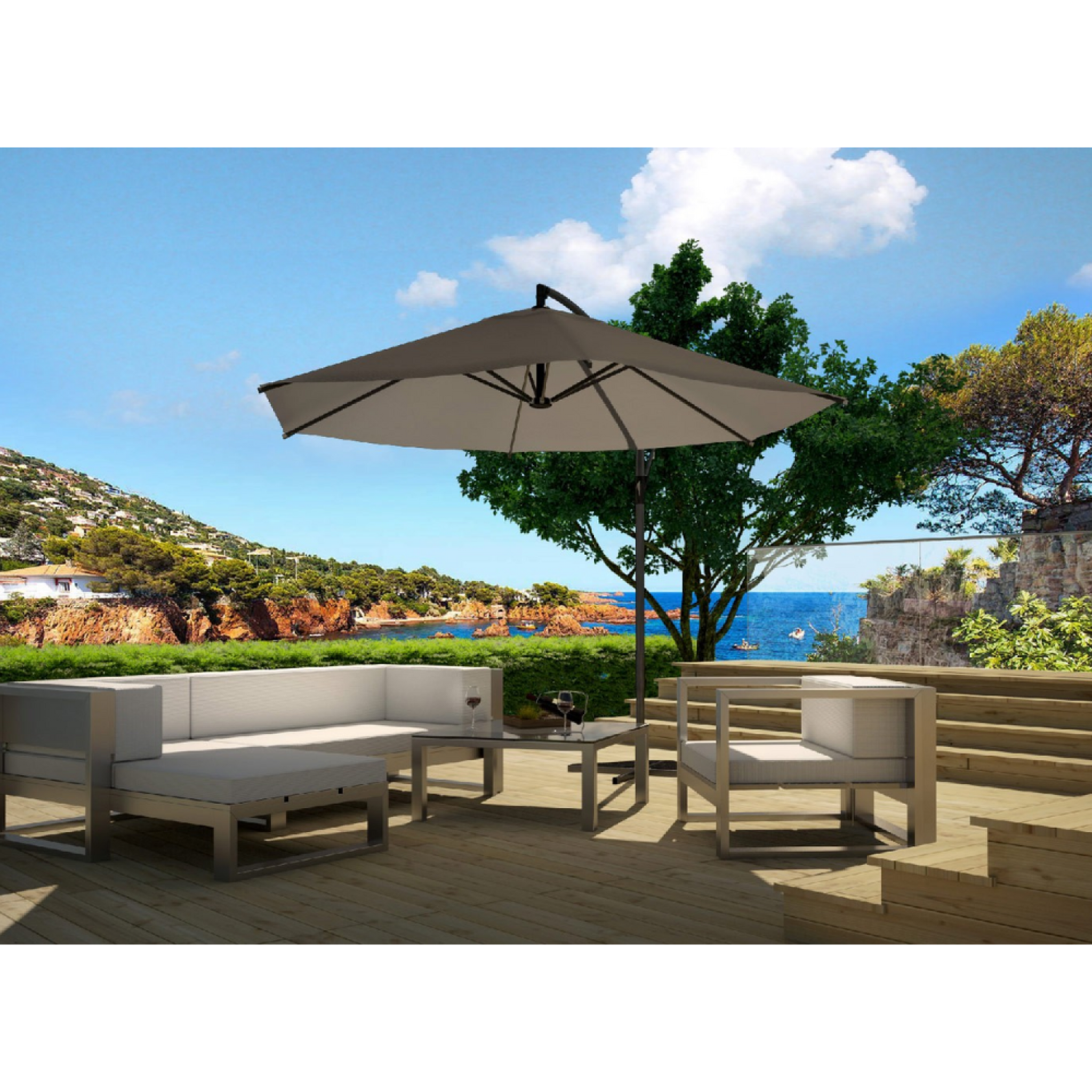Voir la diapositive 4 : CONCEPT USINE Parasol  gris déporté rond 3 x 3 m PORTICCIO