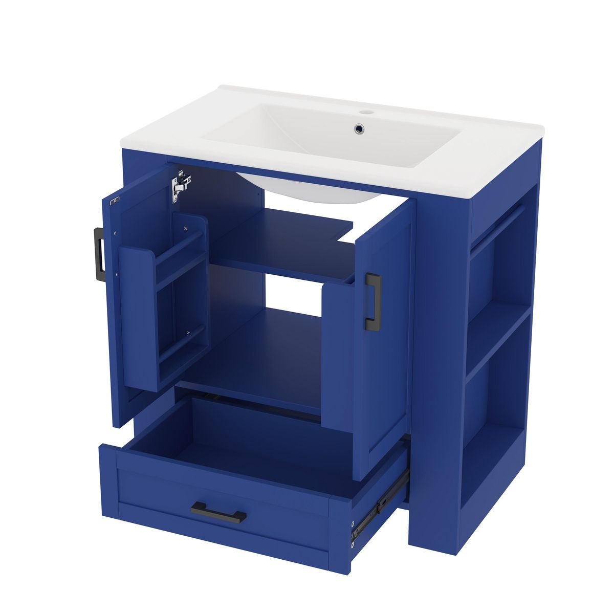 MERAX Meuble De Salle De Bain Vasque 2 Portes, 1 Tiroir Et 4 Étagères Bleu