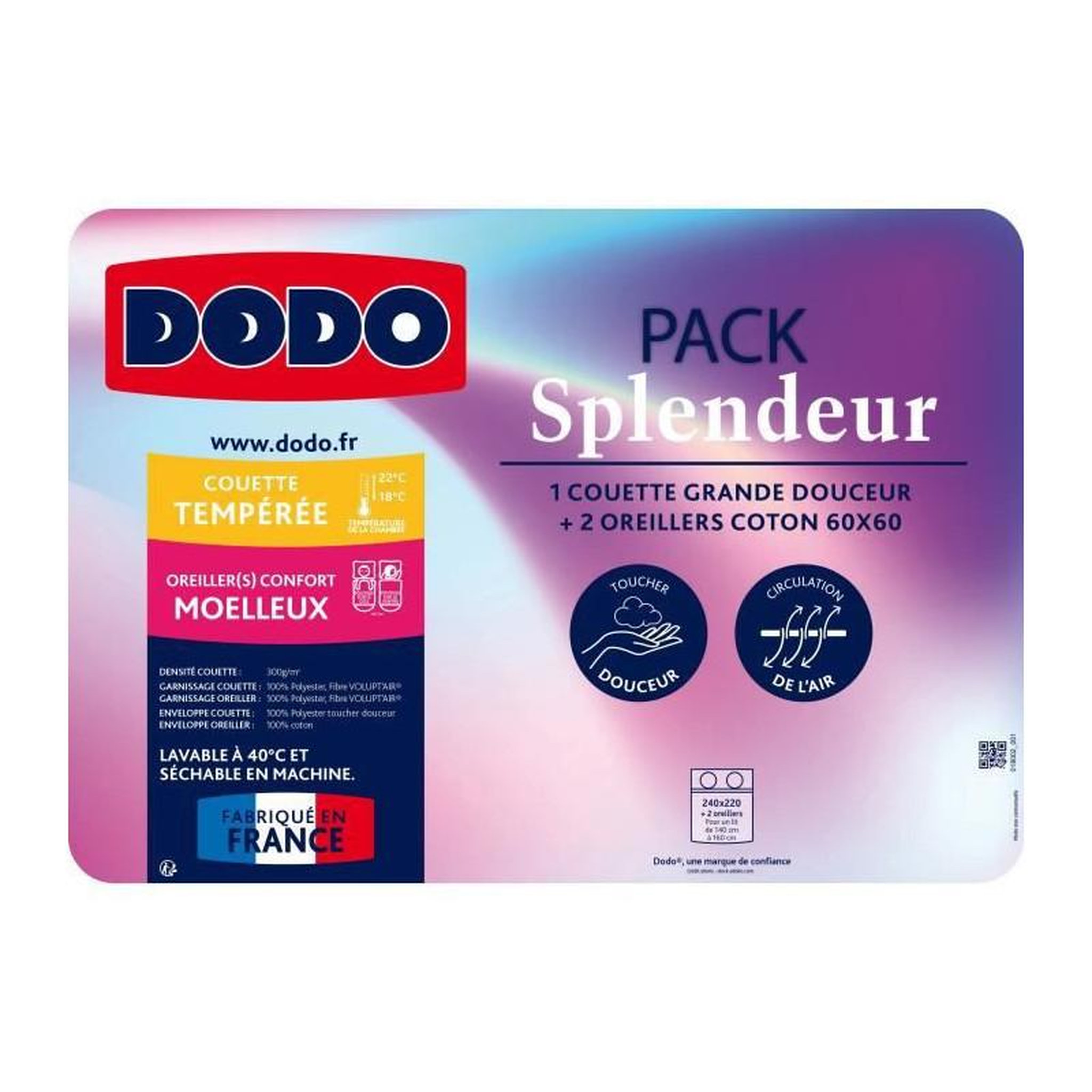 Voir la diapositive 2 : DODO Pack couette 220 x 240 cm + 2 oreillers 60 x 60 cm - Splendeur - Garnissage 100% Polyester FCS 300 g/m2 - Blanc - DODO