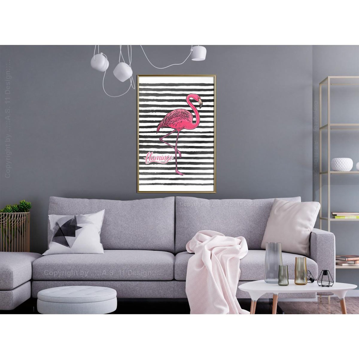 Paris Prix Affiche Murale Encadrée  Flamingo on Striped Background