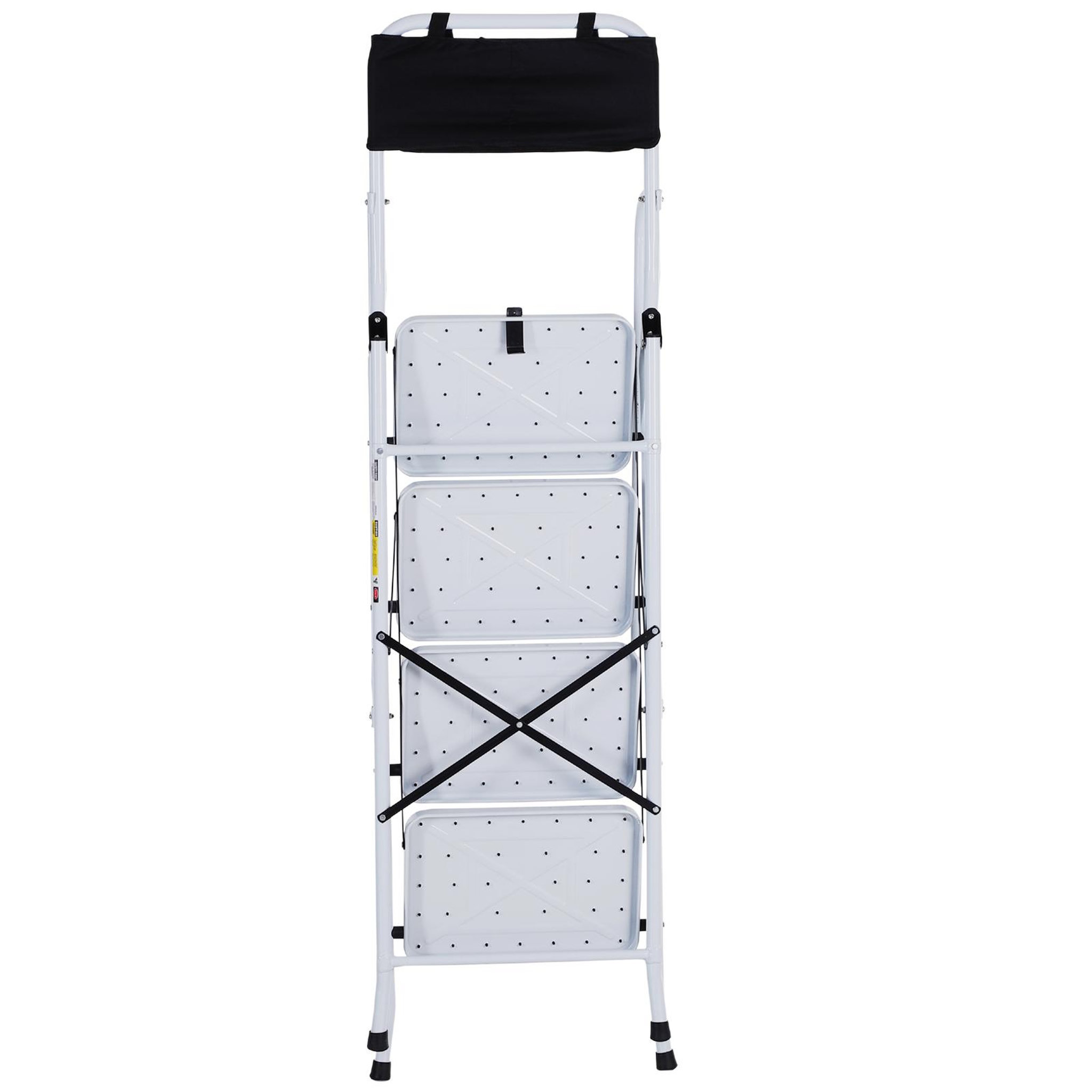 Voir la diapositive 6 : HOMCOM HOMCOM Escabeau pliable 4 marches XL antidérapantes double garde corps hauteur max. 1,55 m charge max. 150 Kg pochette outils intégrée acier blanc noir