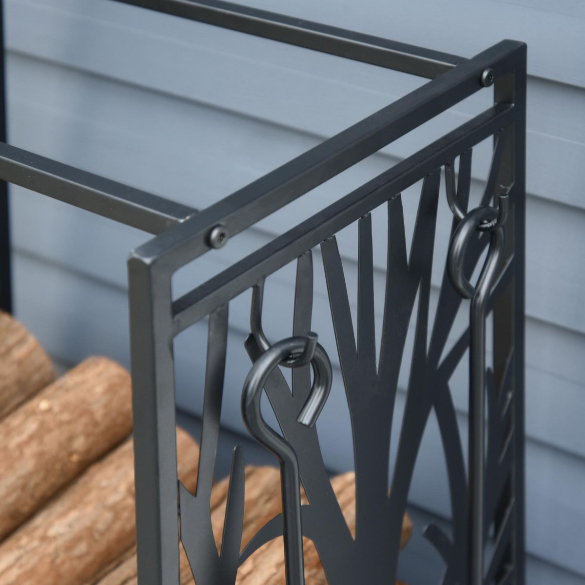 HOMCOM Serviteur de cheminée arbre - porte bûches - range bûches multi accessoires étagère 46L x 29l x 70H cm acier noir