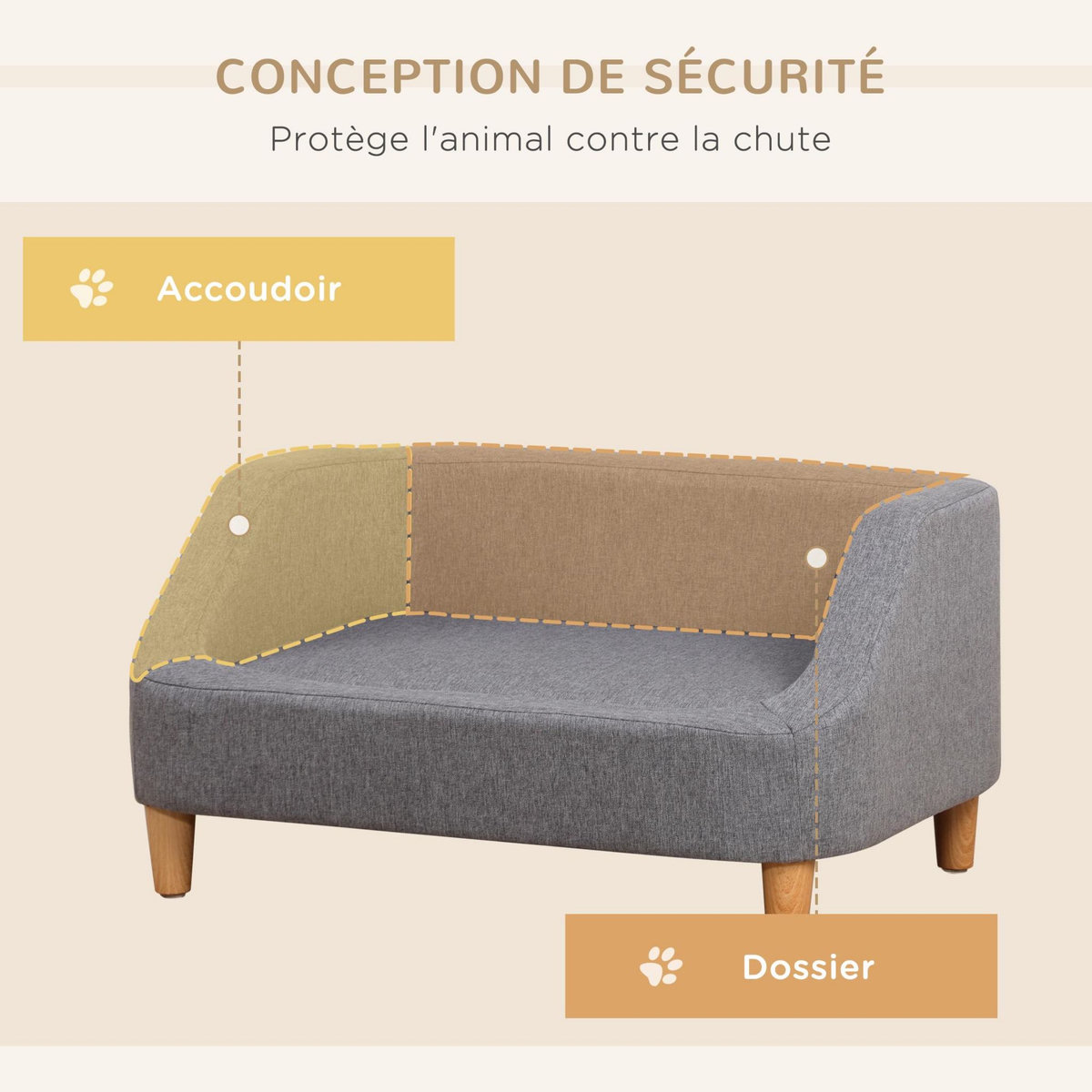 PAWHUT Canapé chien lit pour chien design scandinave déhoussable dim. 75L x 55l x 39H cm pieds bois tissu polyester gris