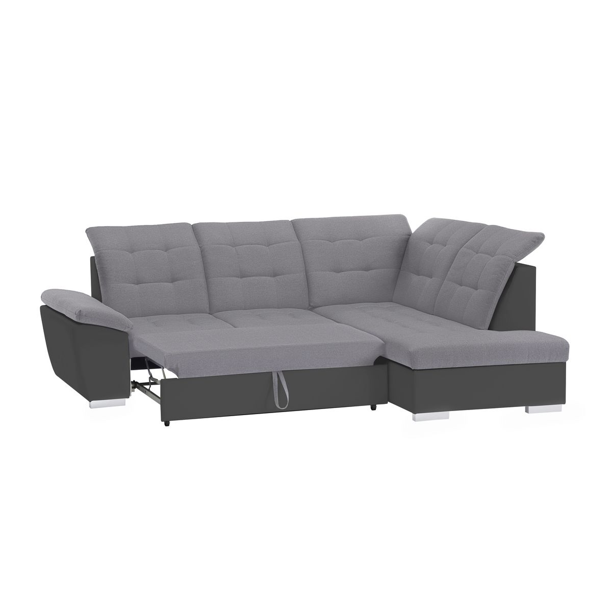 Canapé d'angle droit convertible avec coffre et têtières réglables PU gris et tissu gris RECITAL 