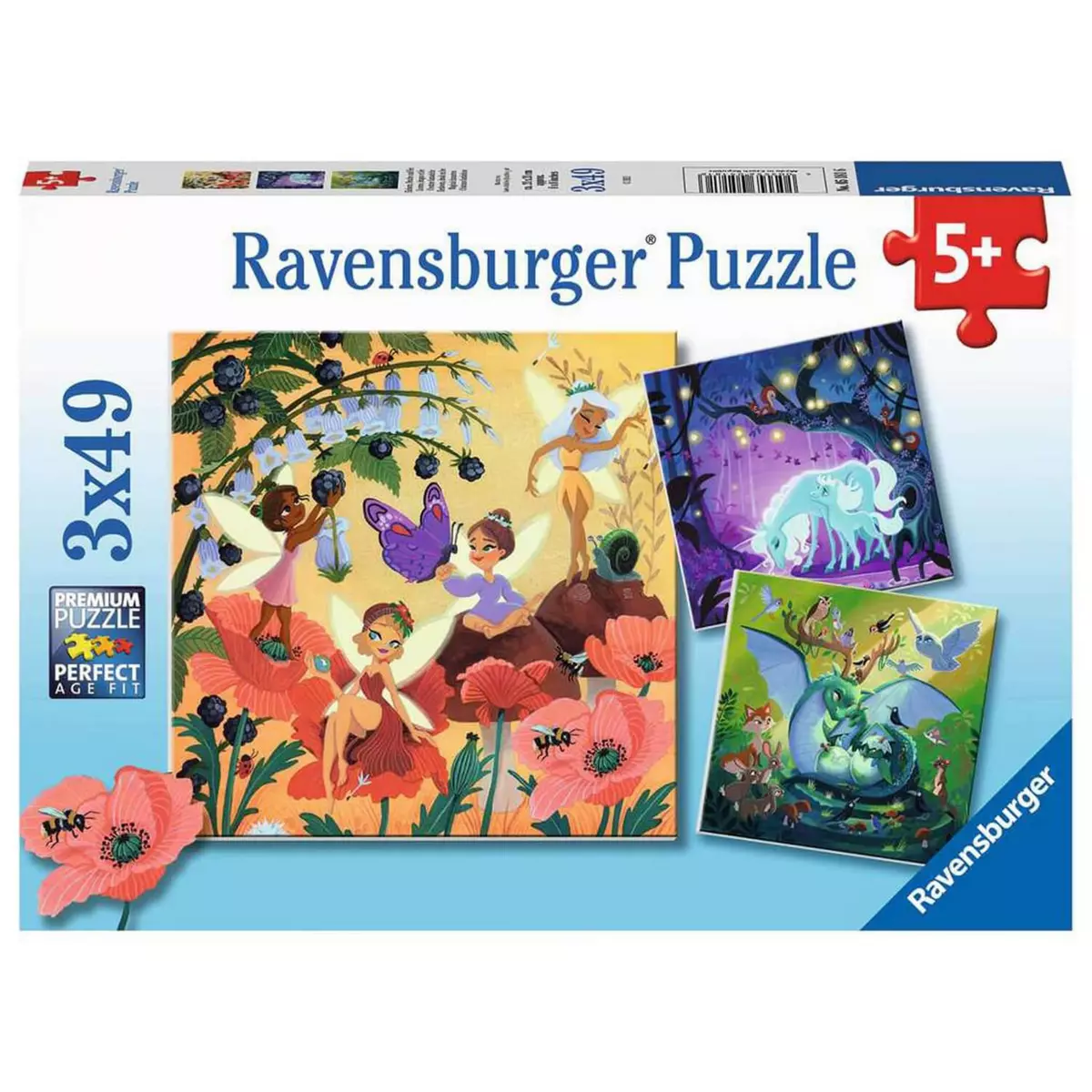 RAVENSBURGER Puzzles 3 x 49 pièces : Licorne, dragon et fée