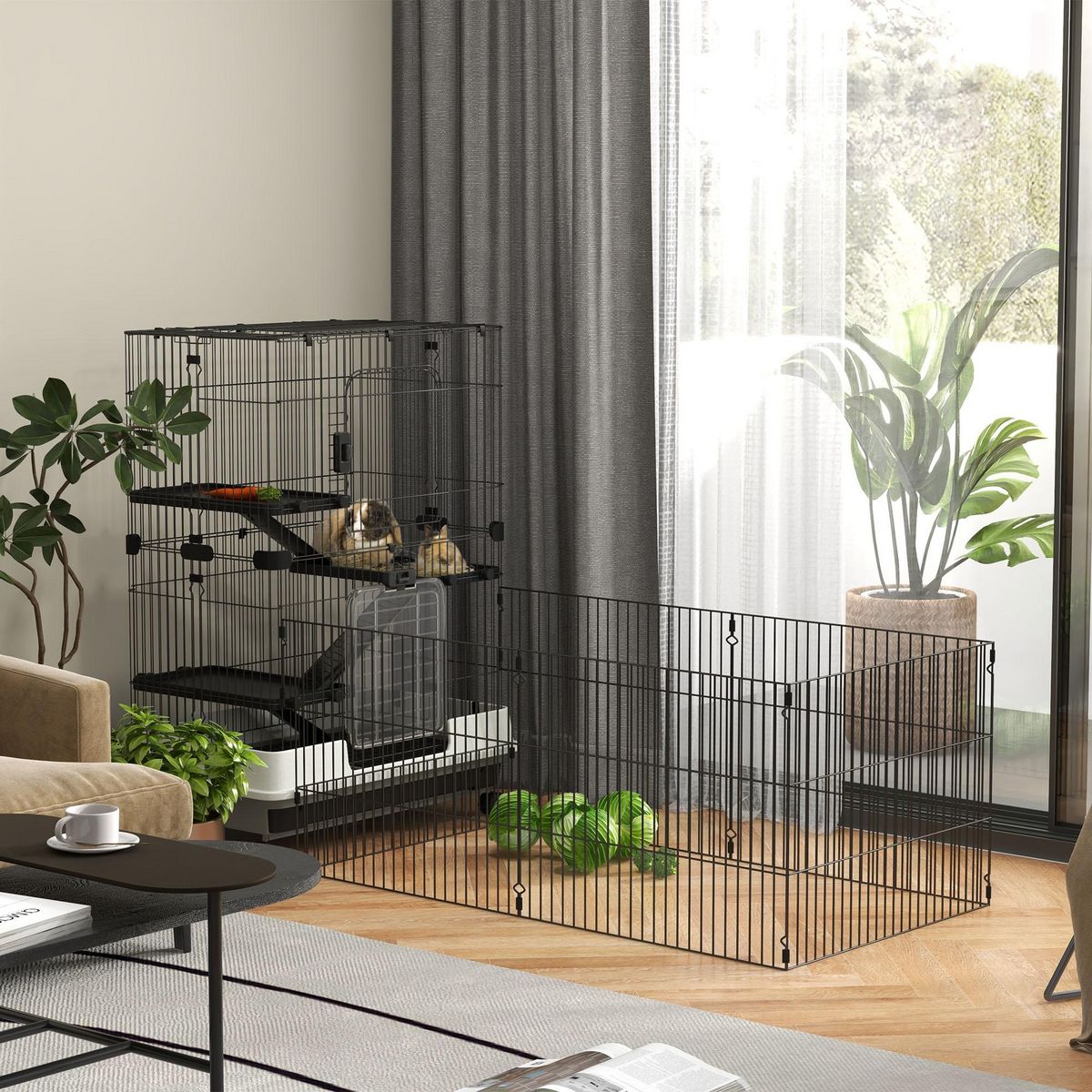 PAWHUT Cage pour petits animaux roulante 3 plates-formes démontables 3 rampes plateau inférieur amovible métal PP 182 x 81 x 114 cm noir