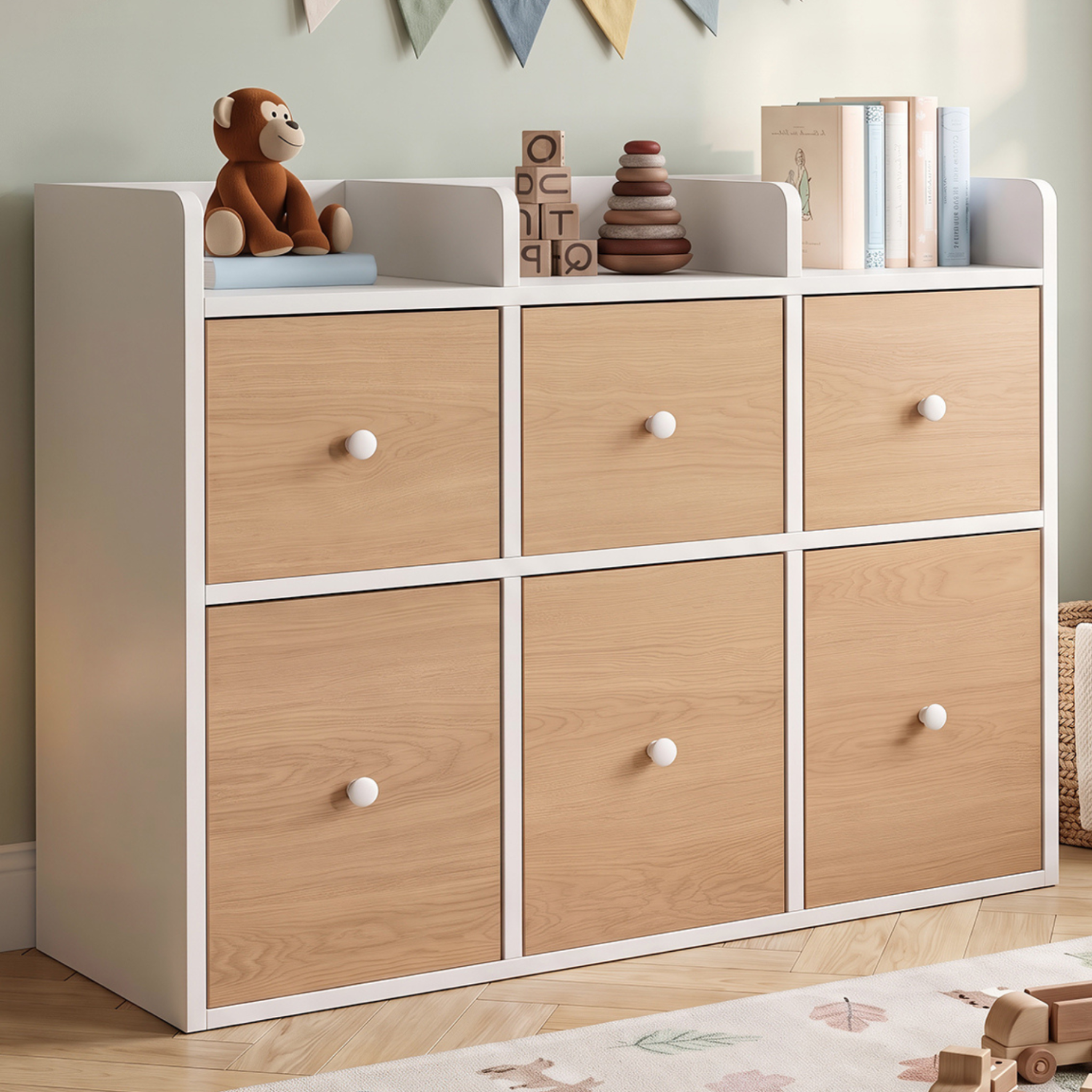 Voir la diapositive 2 : ID MARKET Meuble de rangement enfant PABLO blanc 6 bacs en tissu façade effet hêtre et 3 étagères bibliothèque