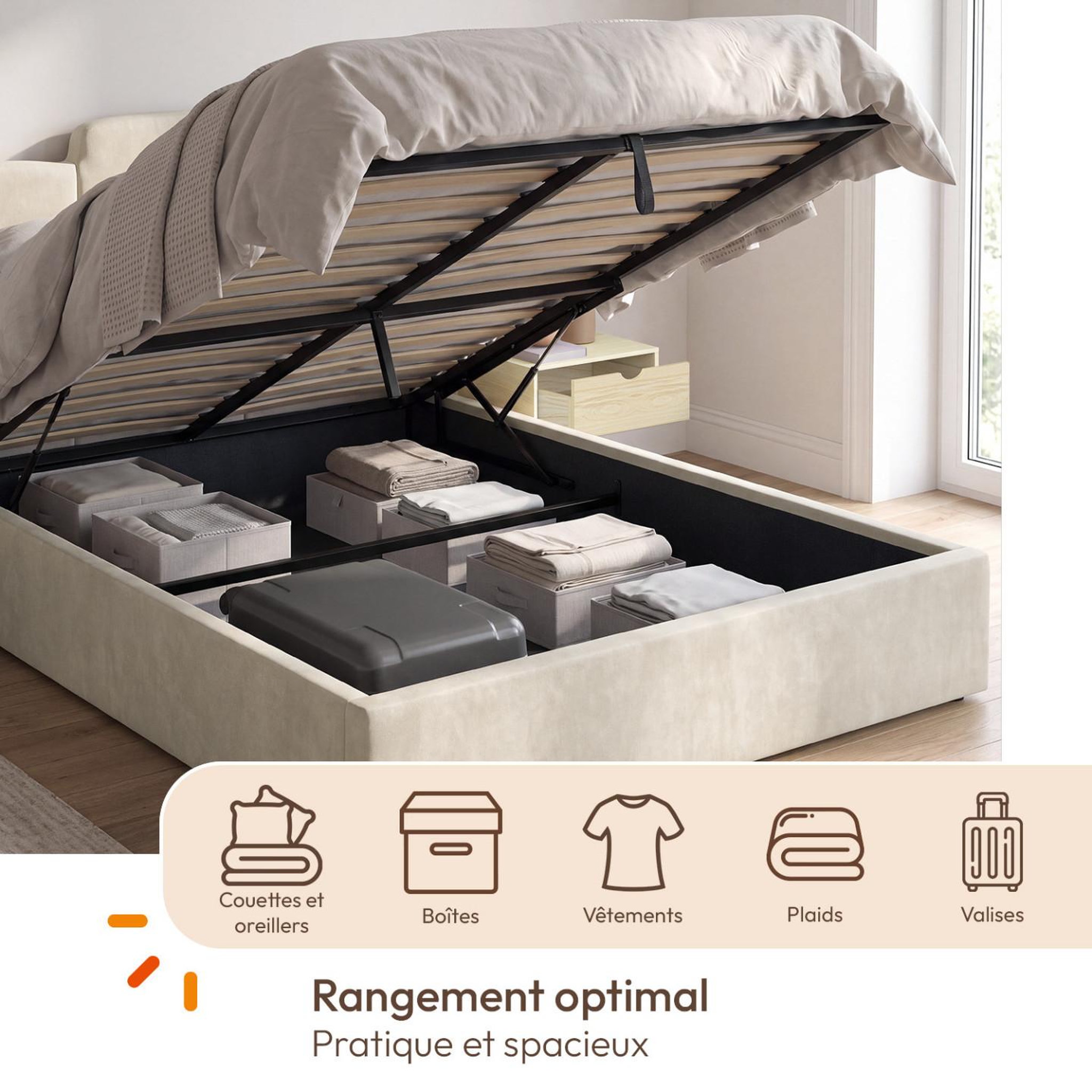 Voir la diapositive 6 : ID MARKET Lit coffre double CLOUD avec tête de lit matelassée + tables de chevet intégrées et sommier 160 x 200 cm velours beige