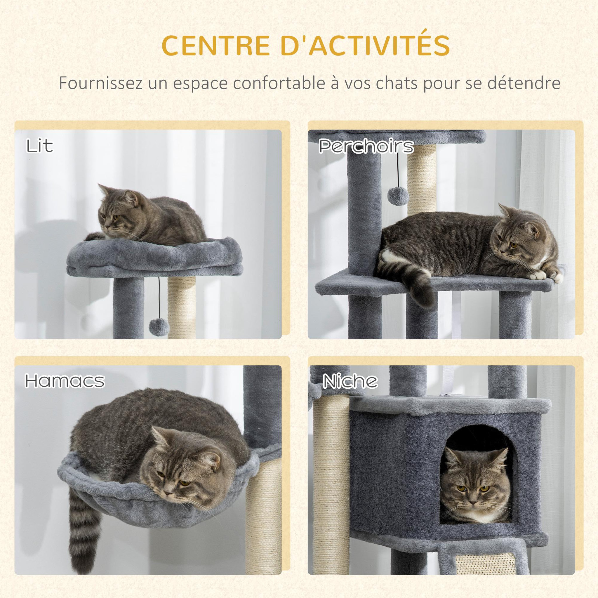 Voir la diapositive 4 : PAWHUT Arbre à chat multi-équipement griffoirs grattoirs plateforme niche hamac jeu boule suspendue gris