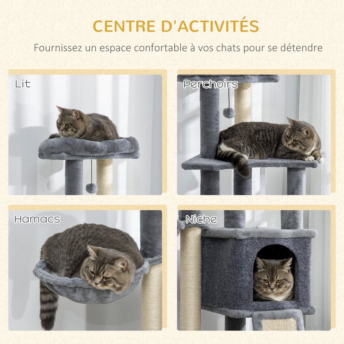 PAWHUT Arbre à chat multi-équipement griffoirs grattoirs plateforme niche hamac jeu boule suspendue gris