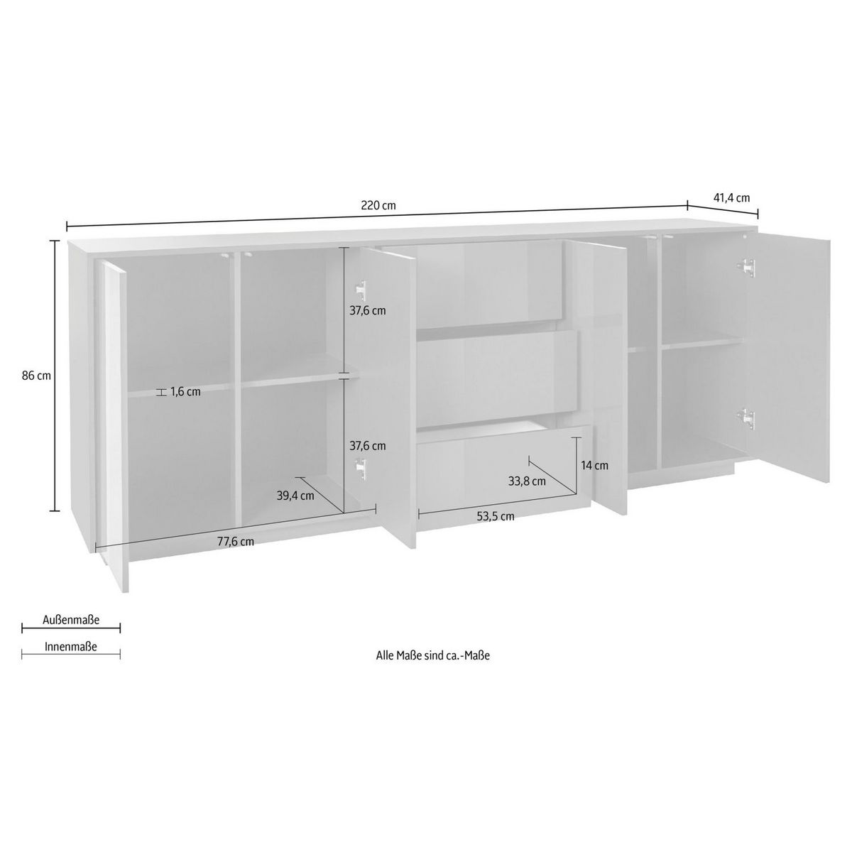 Buffet moderne 4 portes 3 tiroirs 220 cm LUCERA