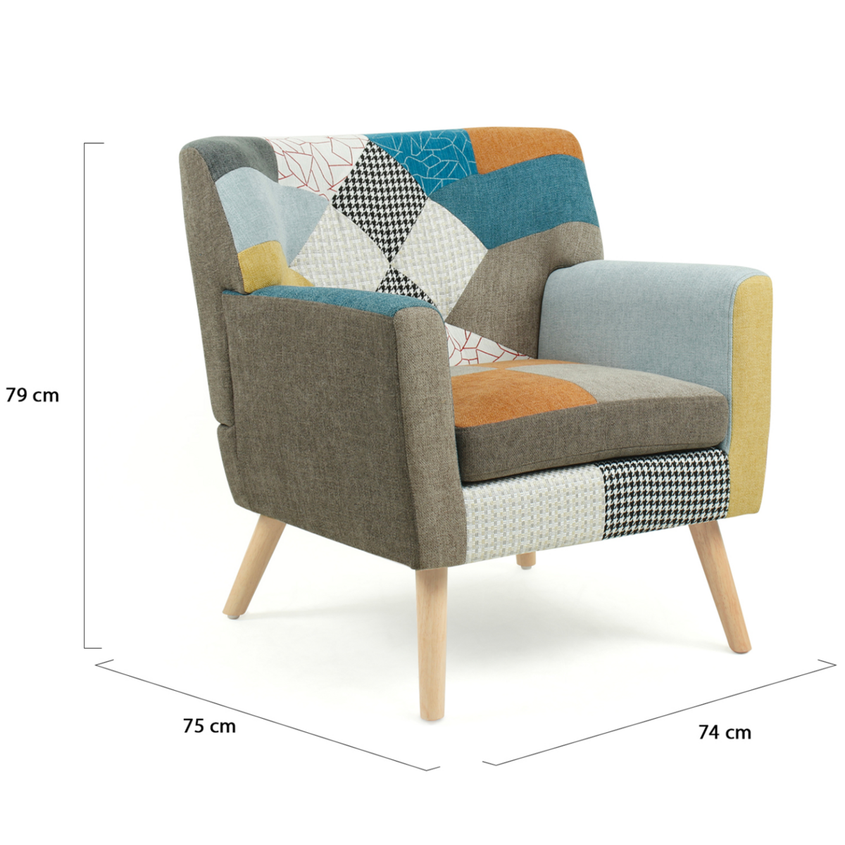 ID MARKET Fauteuil scandinave LIV en tissu patchwork multicouleur