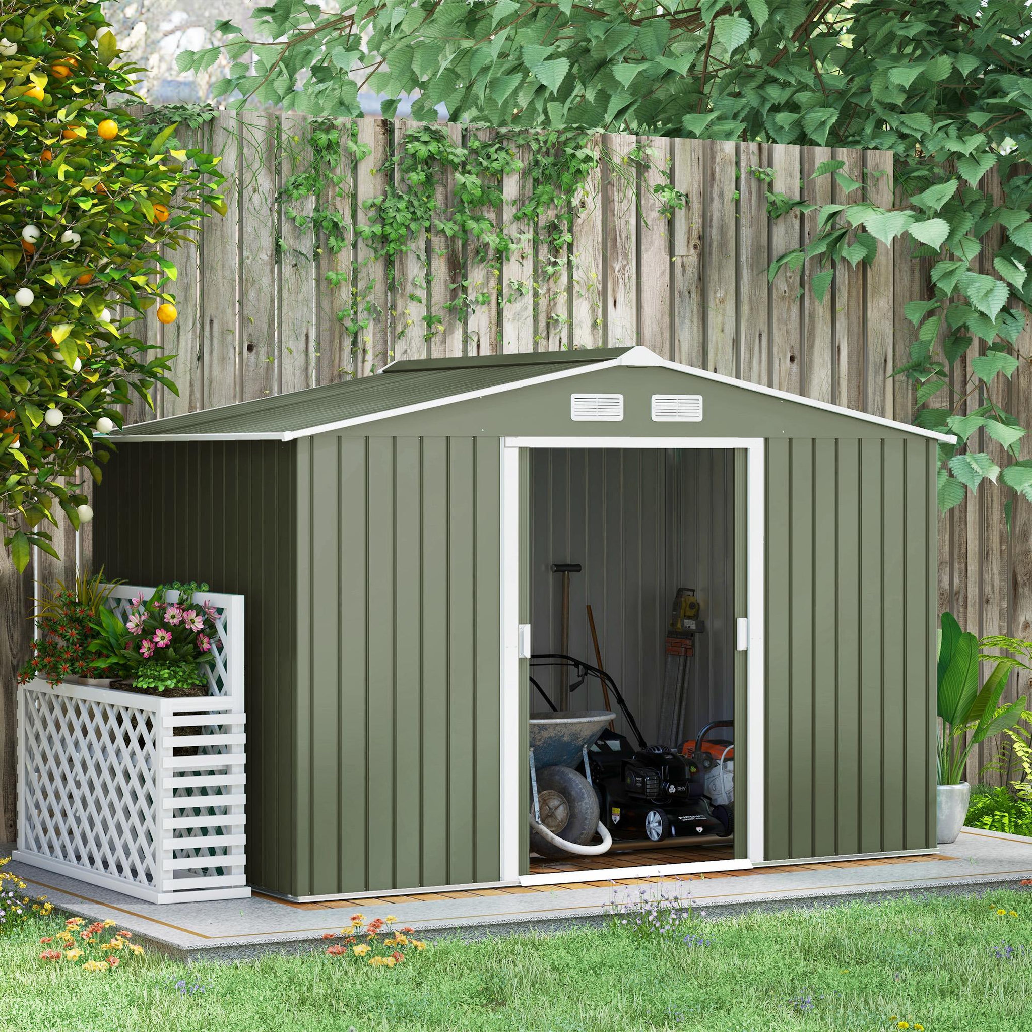 Voir la diapositive 2 : OUTSUNNY Abri de jardin - remise pour outils - cabanon double porte coulissante - fondation incluse - dim. 277L x 191l x 192H cm - tôle d'acier ondulée vert clair