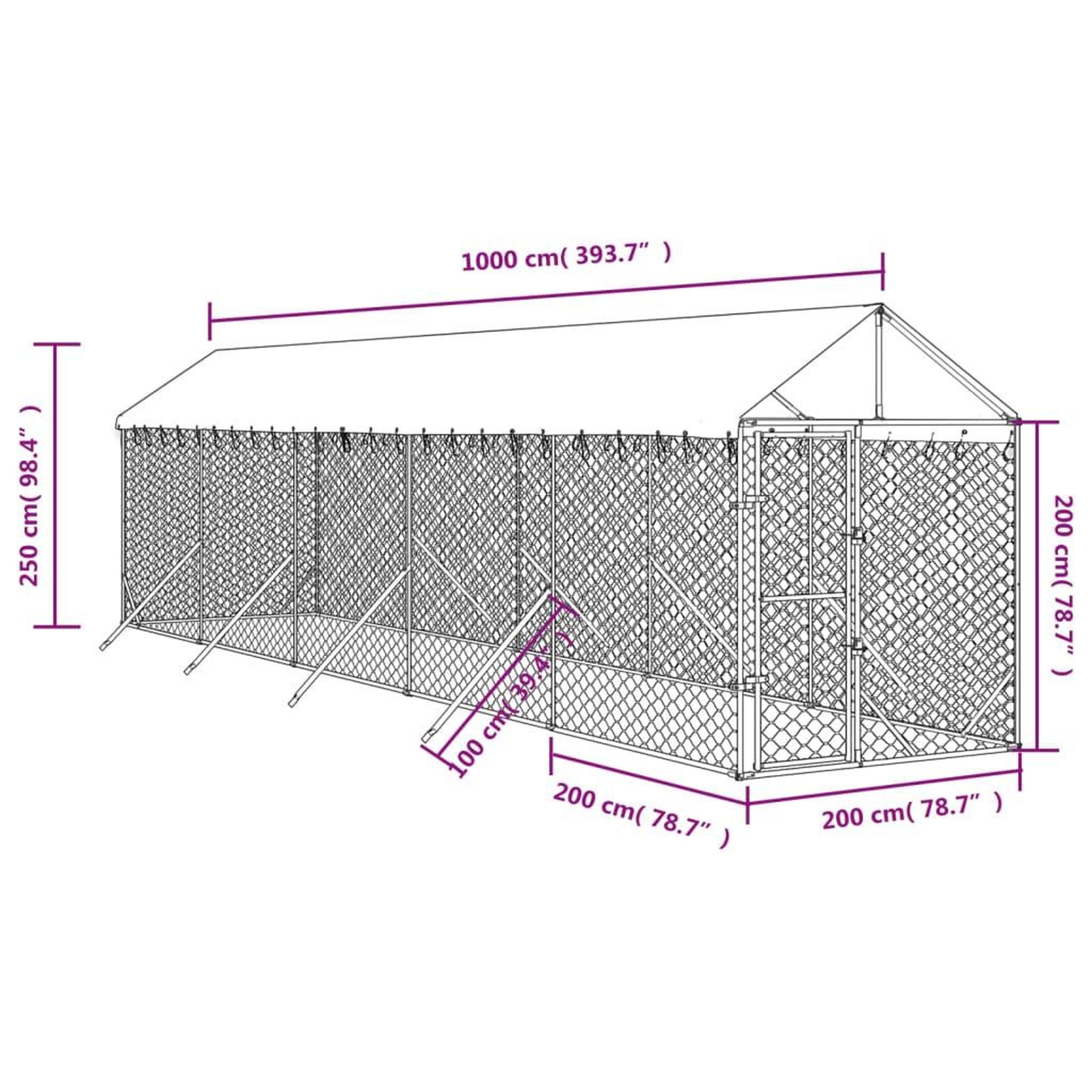 Voir la diapositive 4 : VIDAXL Chenil d'exterieur pour chiens avec toit argente 2x10x2,5 m