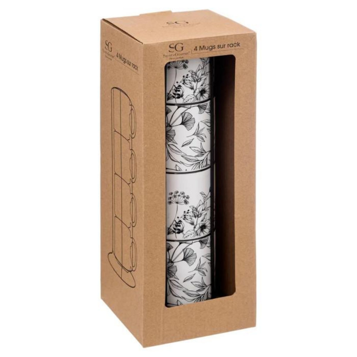SECRET DE GOURMET Lot de 4 Mugs sur Rack  White Floral  24cl Blanc