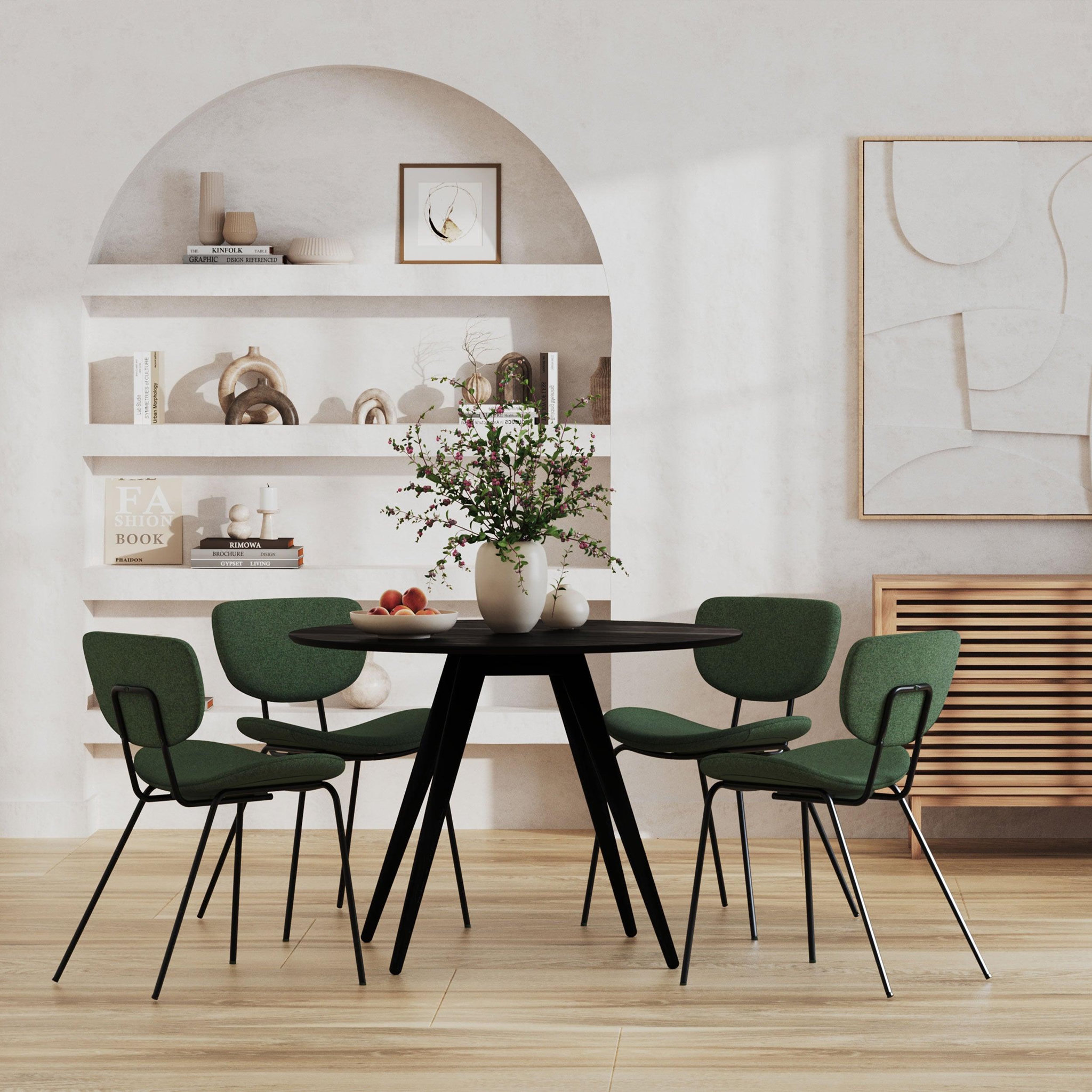 Voir la diapositive 5 : MAISON PAVANE Chaise en tissu vert et pieds en métal noir (lot de 2)-verner