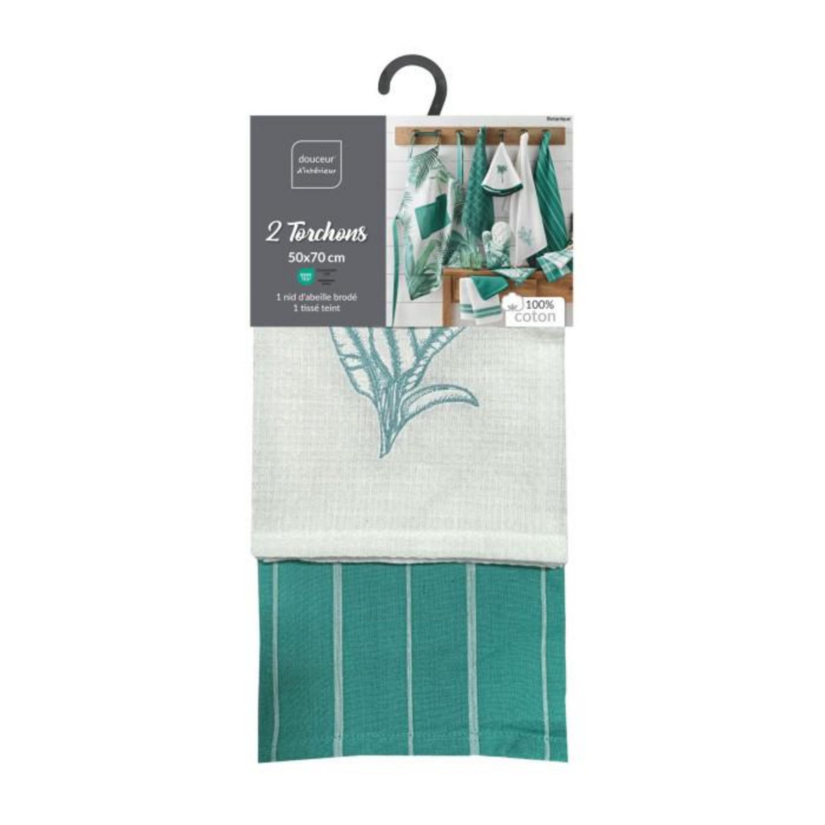 Paris Prix Lot de 2 Torchons Nid d'Abeille Brodé  Botanique  50x70cm Vert