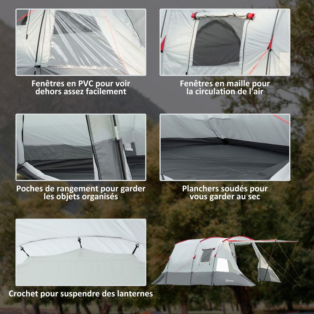 OUTSUNNY Tente de camping familiale 6-8 personnes - portes, fenêtres, sac de transport - dim. 5,1 x 2,4 x 1,8 cm - gris clair