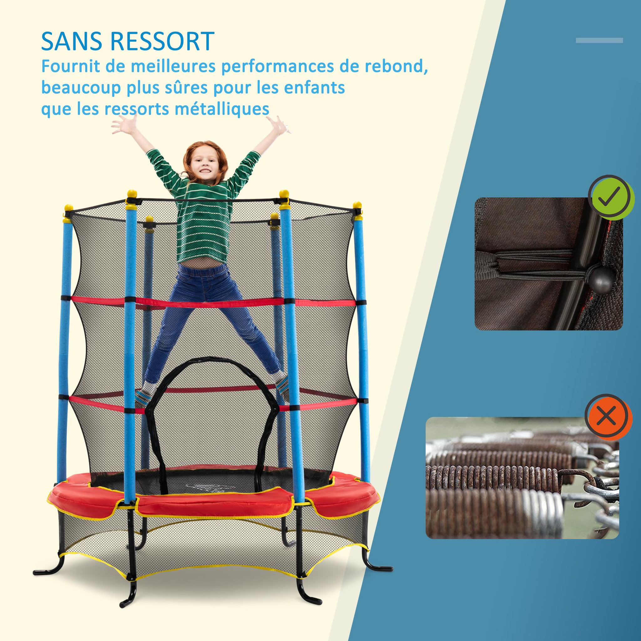 Voir la diapositive 4 : HOMCOM Trampoline de jardin enfant Ø 1,65 × 1,62H m filet de sécurité porte zipée couvre-ressorts + 6 poteaux rembourrés inclus rouge bleu noir
