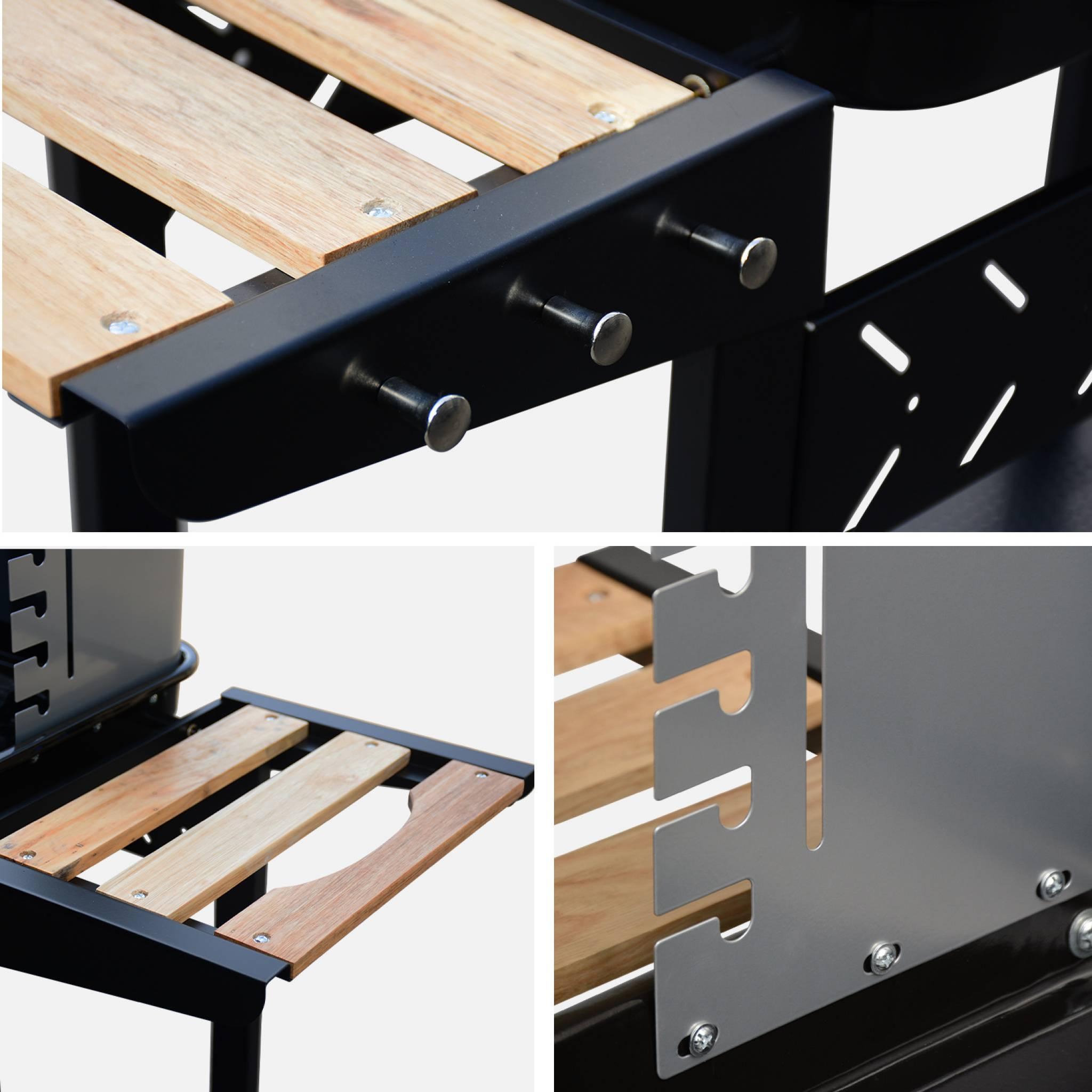 Voir la diapositive 5 : SWEEEK Barbecue au charbon. Noir et gris. hauteur de grille ajustable. cuve émaillée. tablettes en bois + Cheminée d'allumage