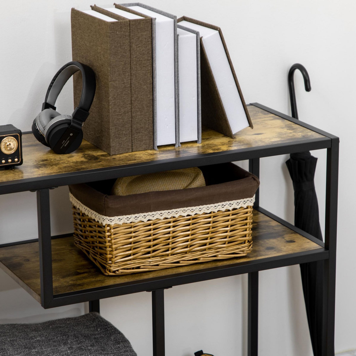 HOMCOM Console design industriel 4 étagères acier noir panneaux aspect bois vieilli