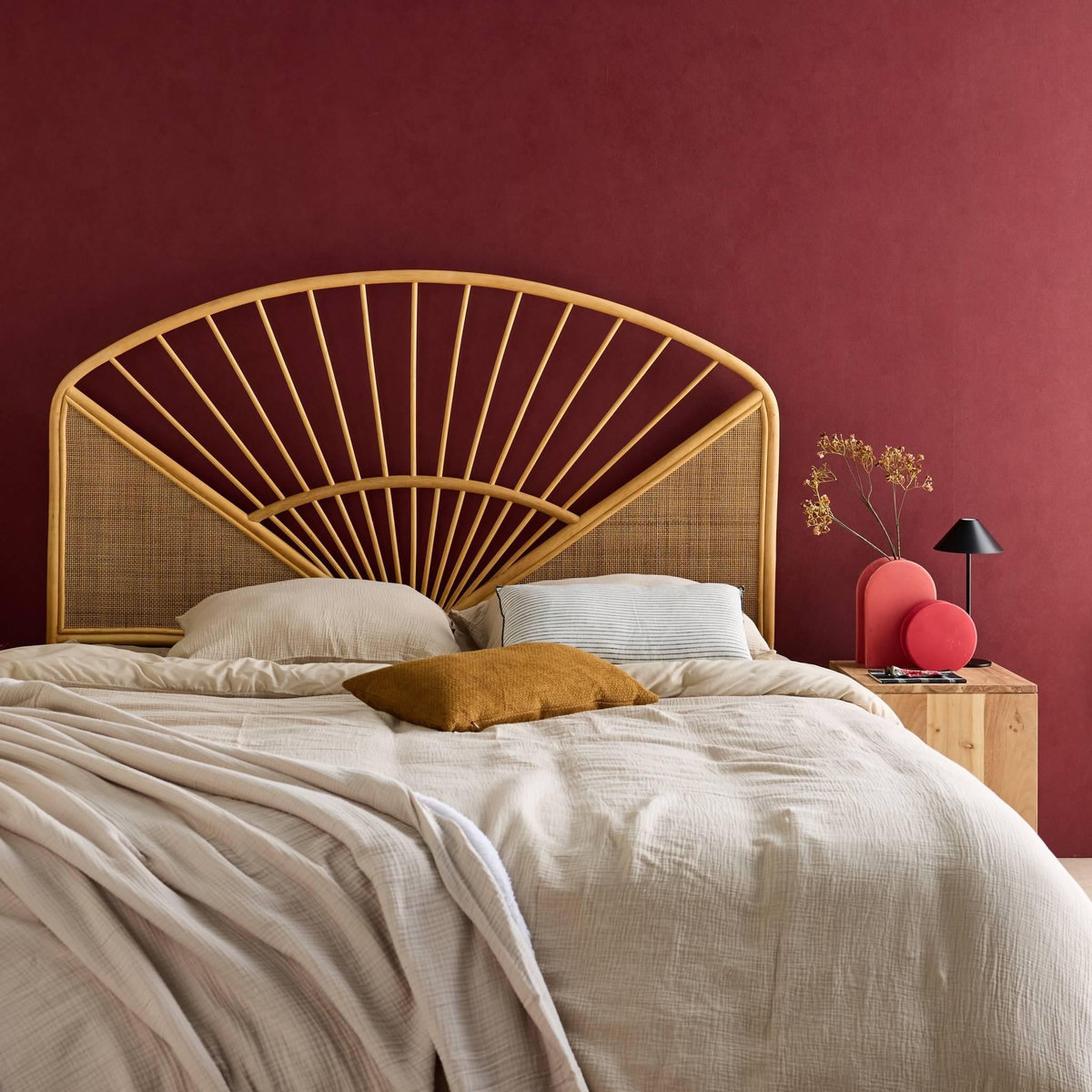 SWEEEK Tête de lit en rotin naturel et cannage, bois clair, bohème